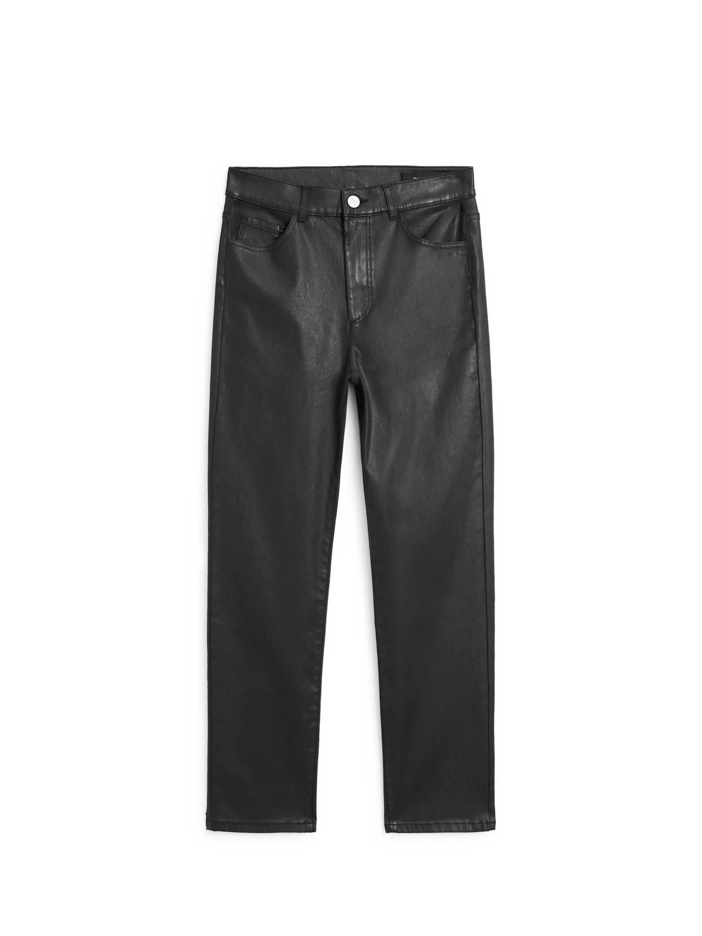 High-waist straight-leg waxed trousers — BLACK