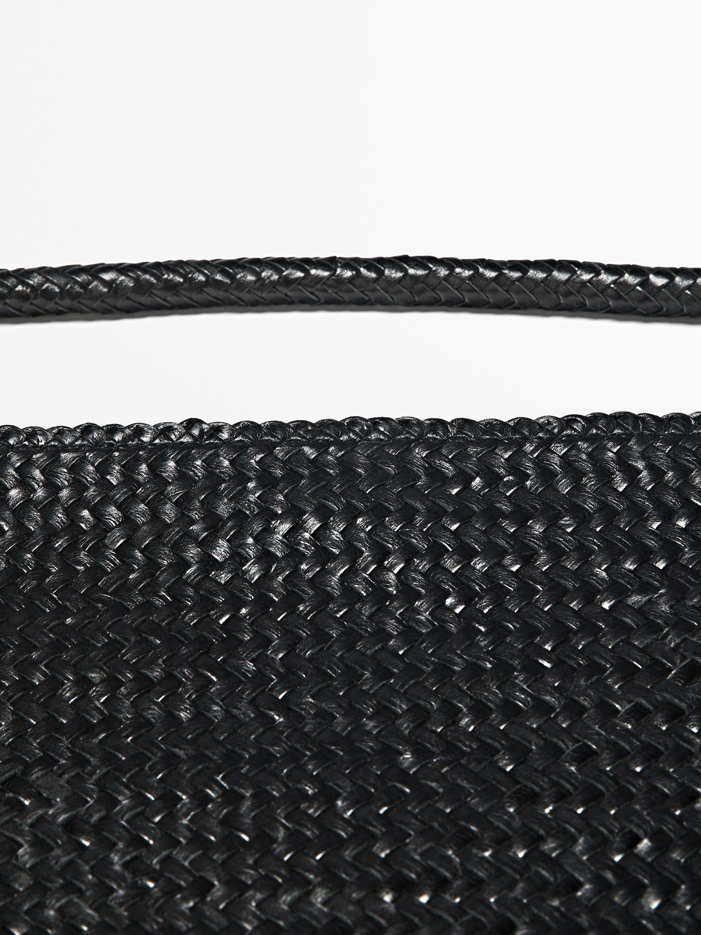 Mid-sized braided leather shoulder bag — BLACK