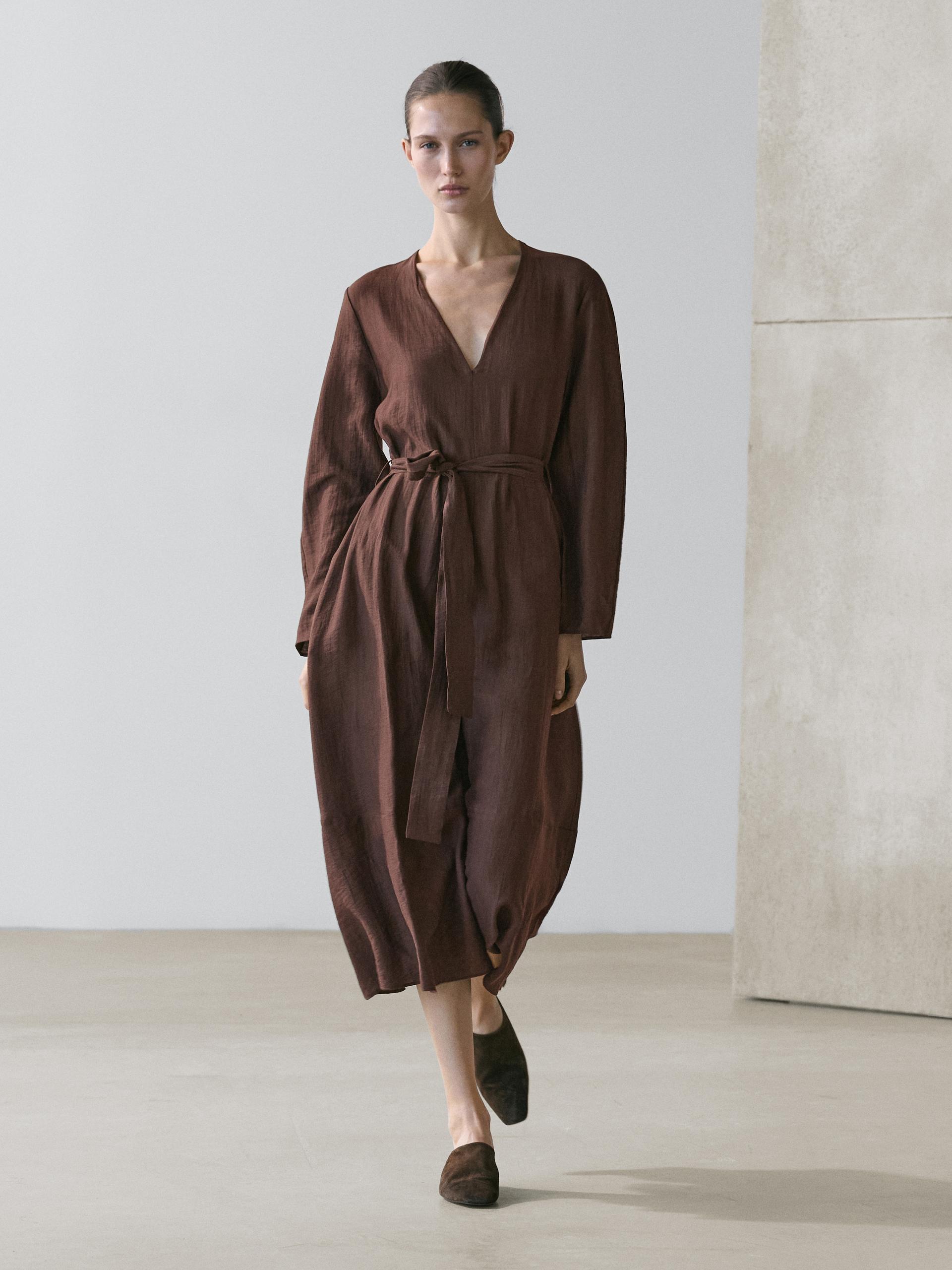 Robe Midi Fluide Avec Ceinture En Lin - Marron - L - Massimo Dutti - Femme