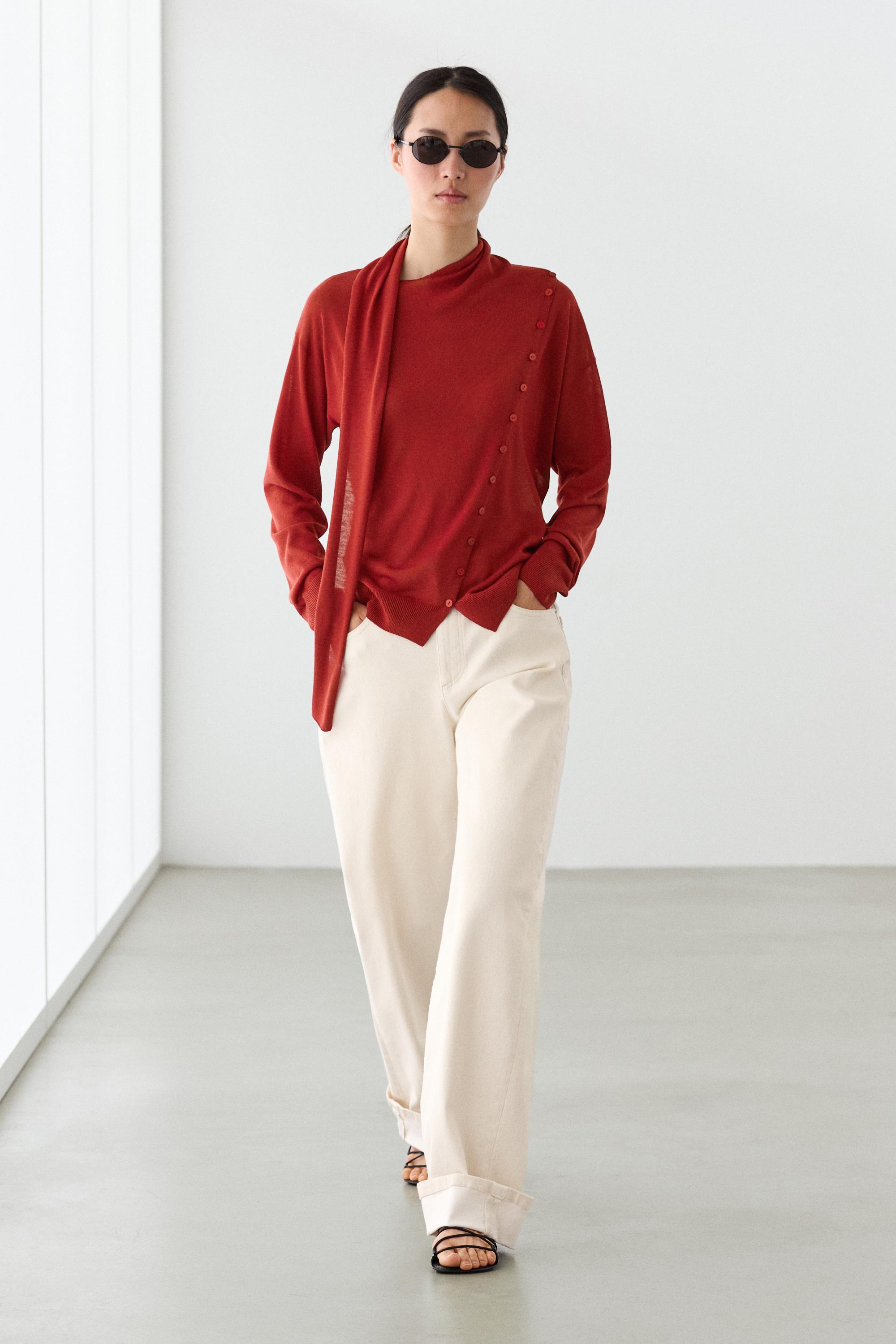 Cardigan with buttoned scarf detail — RED