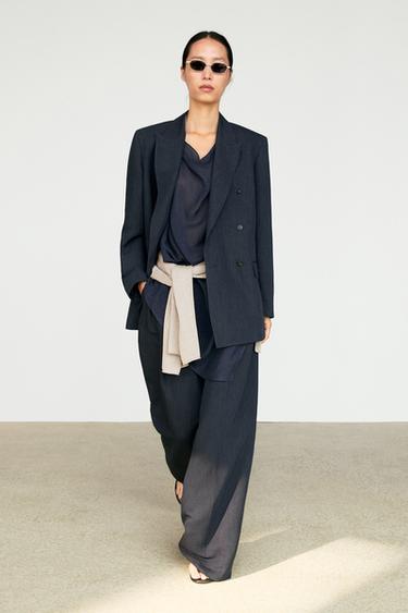 Double-breasted melange linen blazer — NAVY BLUE 1