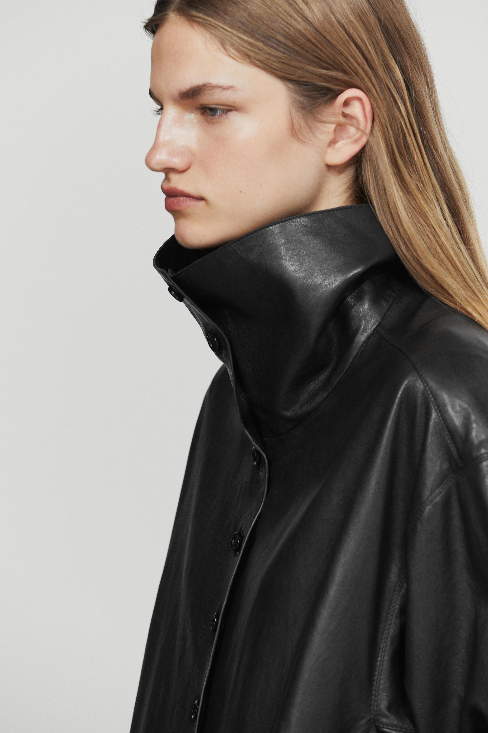 Nappa leather bomber jacket with button detail — BLACK