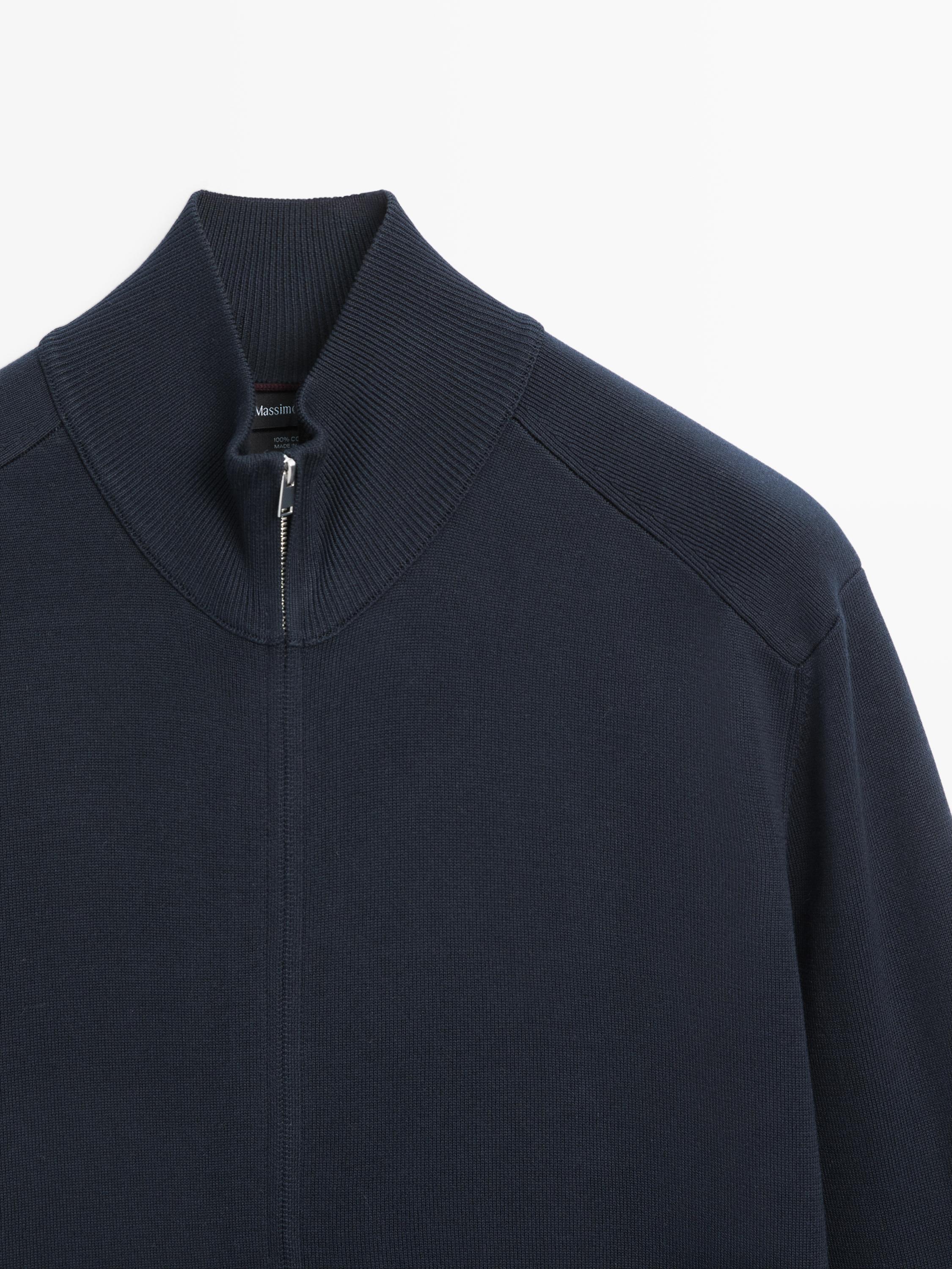 Cotton zip-up knit cardigan · Navy Blue, Khaki · Cardigan