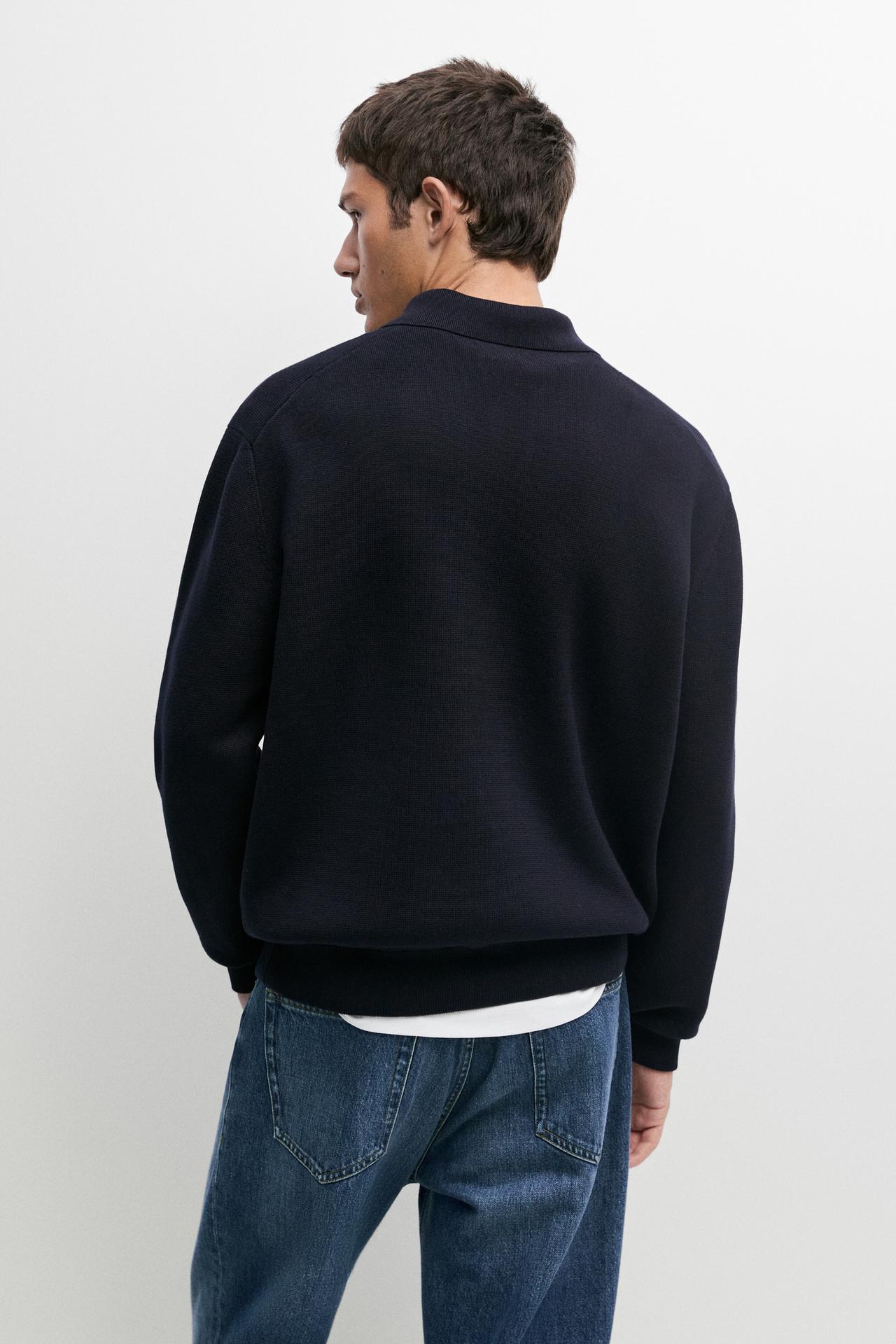 100% cotton knit polo collar cardigan — NAVY BLUE