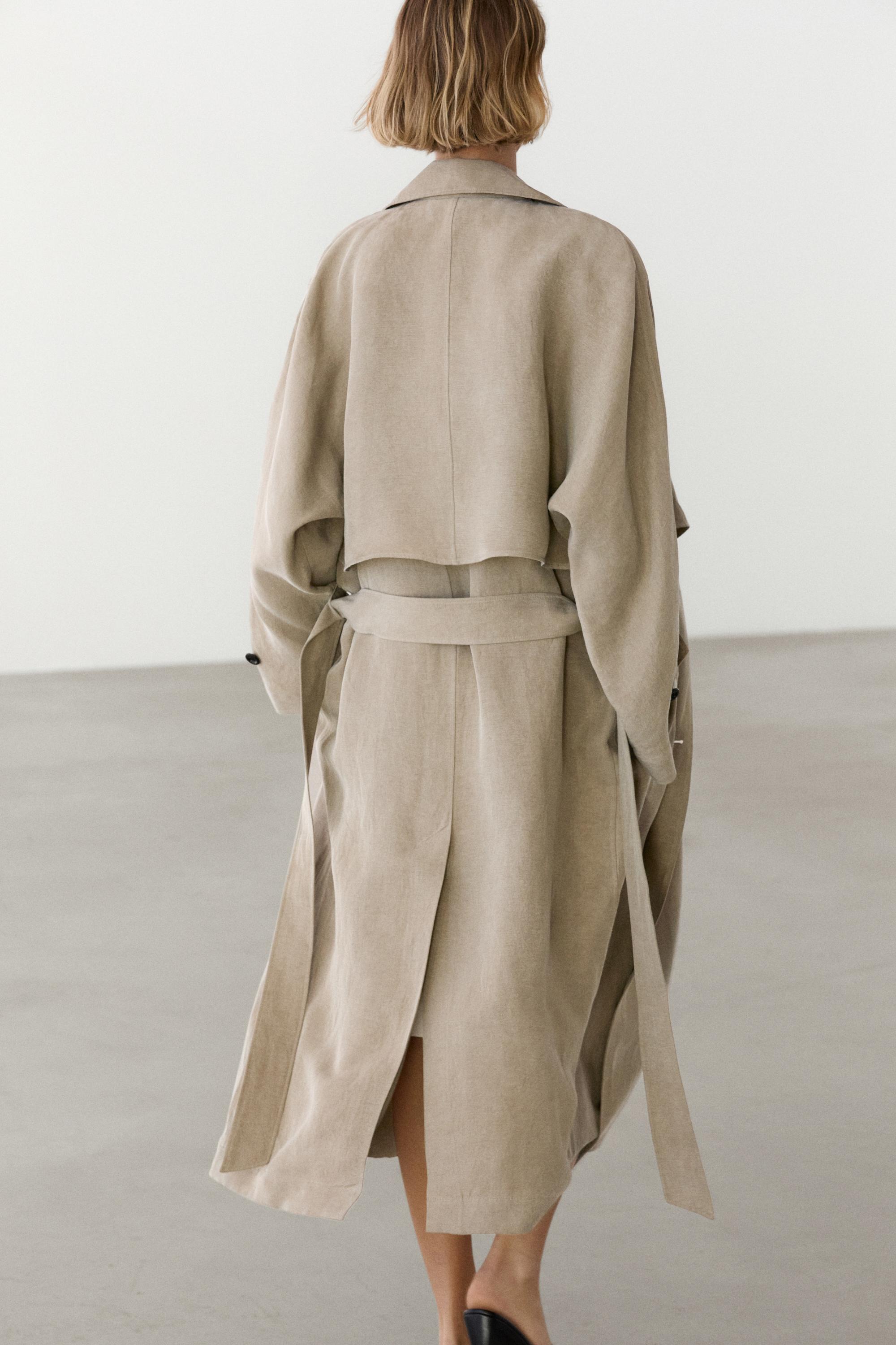 Linen blend trench coat with belt detail — SAND BROWN