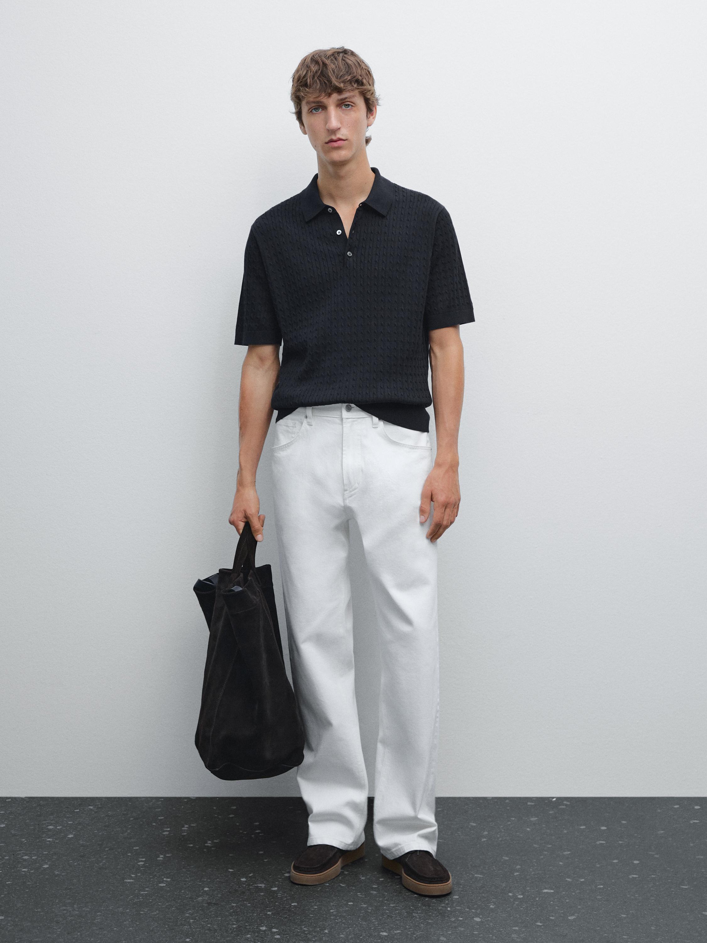 Pull polo en maille tressée 100 % coton