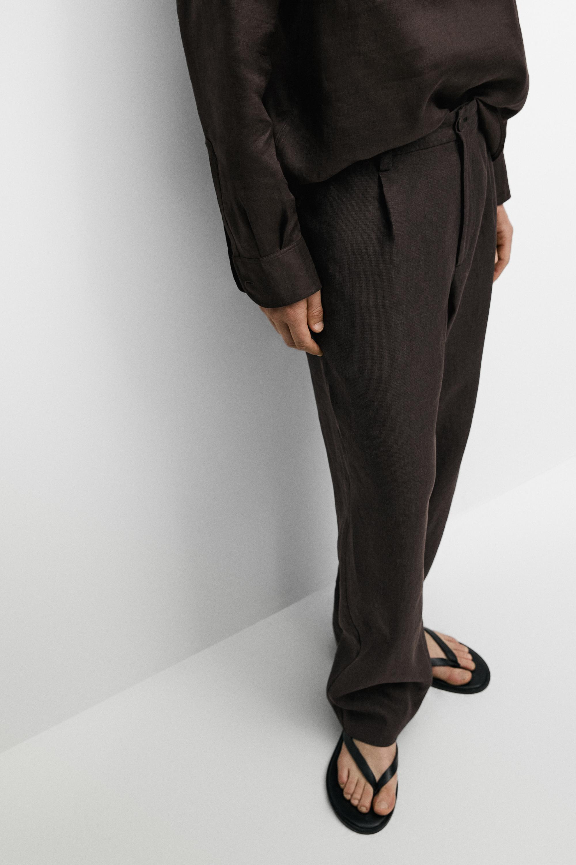 100% linen houndstooth pants — BROWN