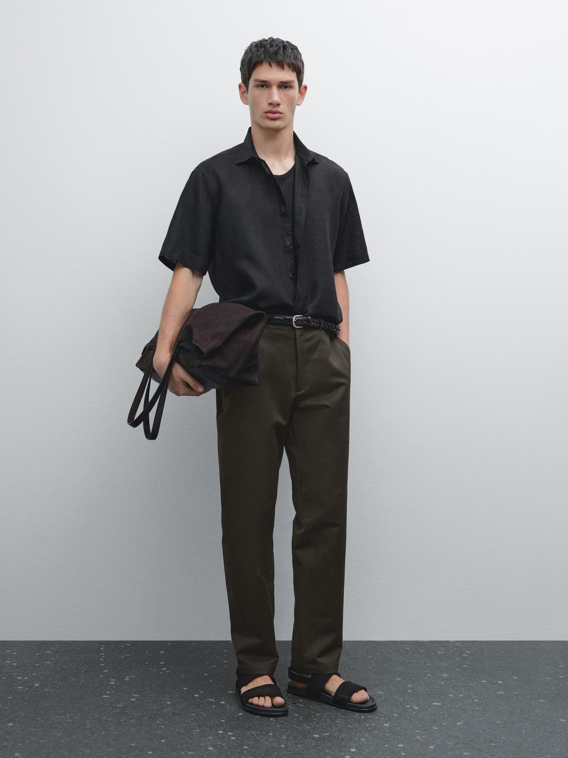 Chemise Manches Courtes Regular Fit Lin - Noir - L - Massimo Dutti - Homme