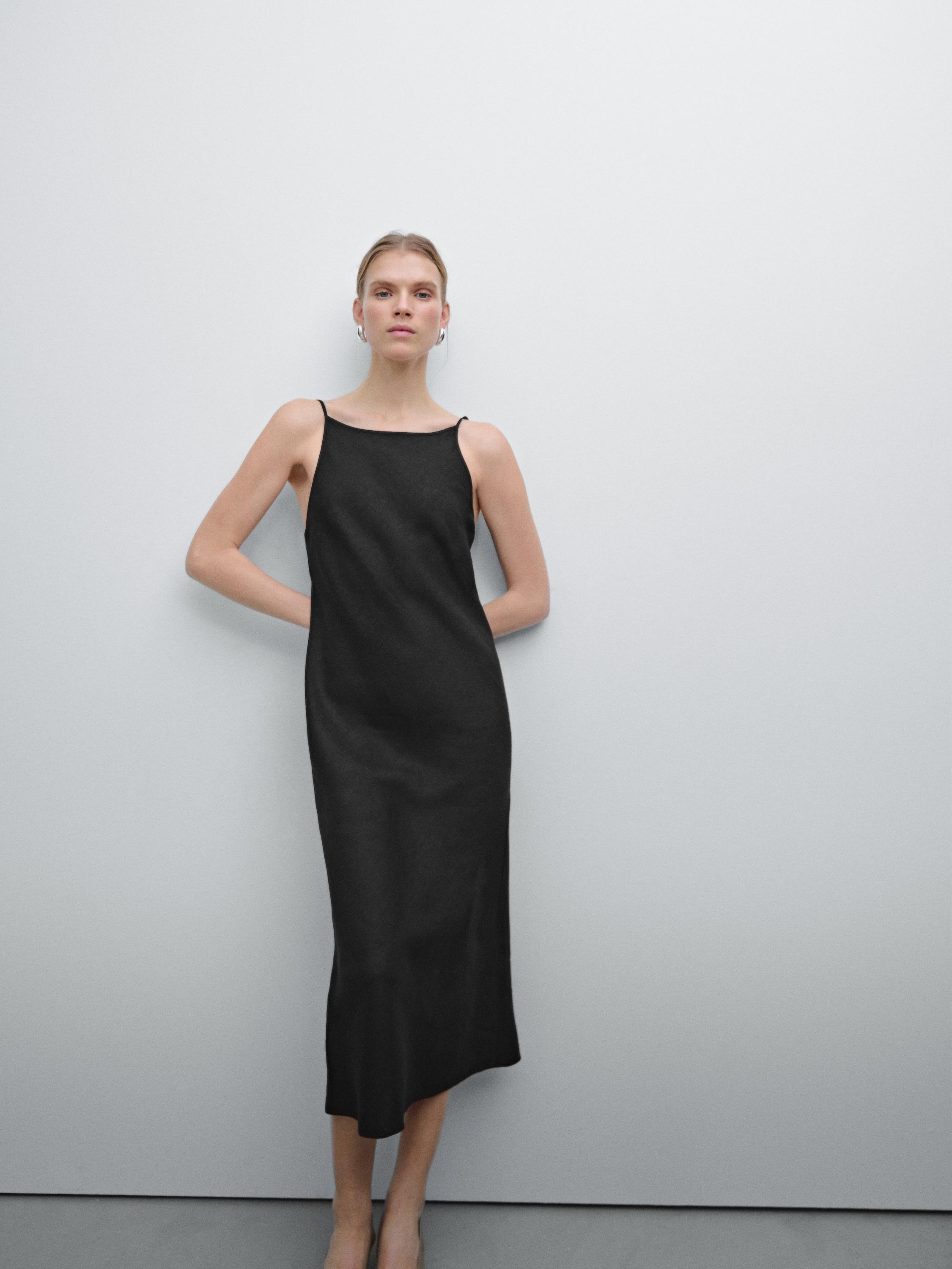 فستان ميدي كتان 100% بياقة هالتر