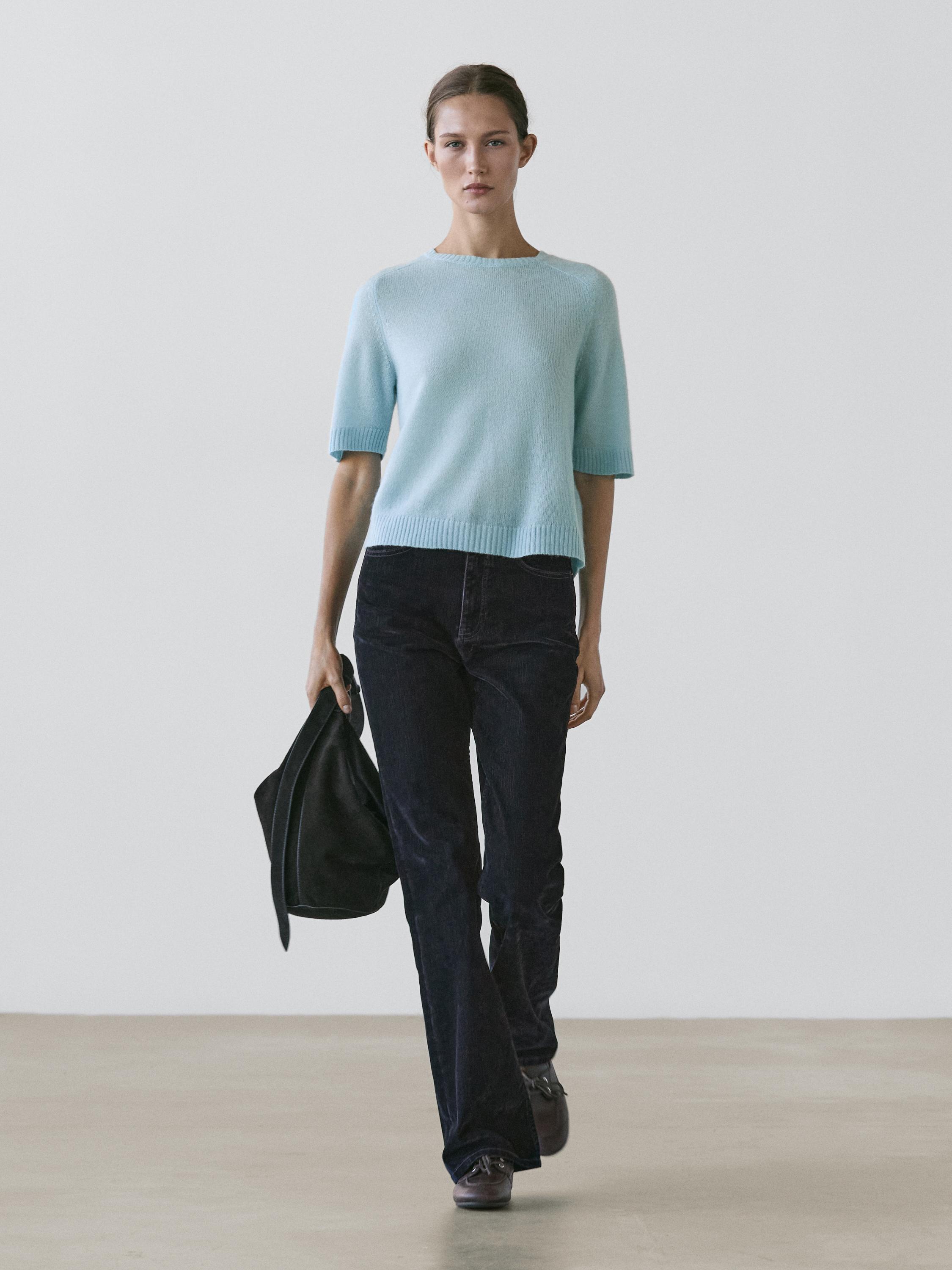 High-waist boot-cut flocked jeans — Misty blue