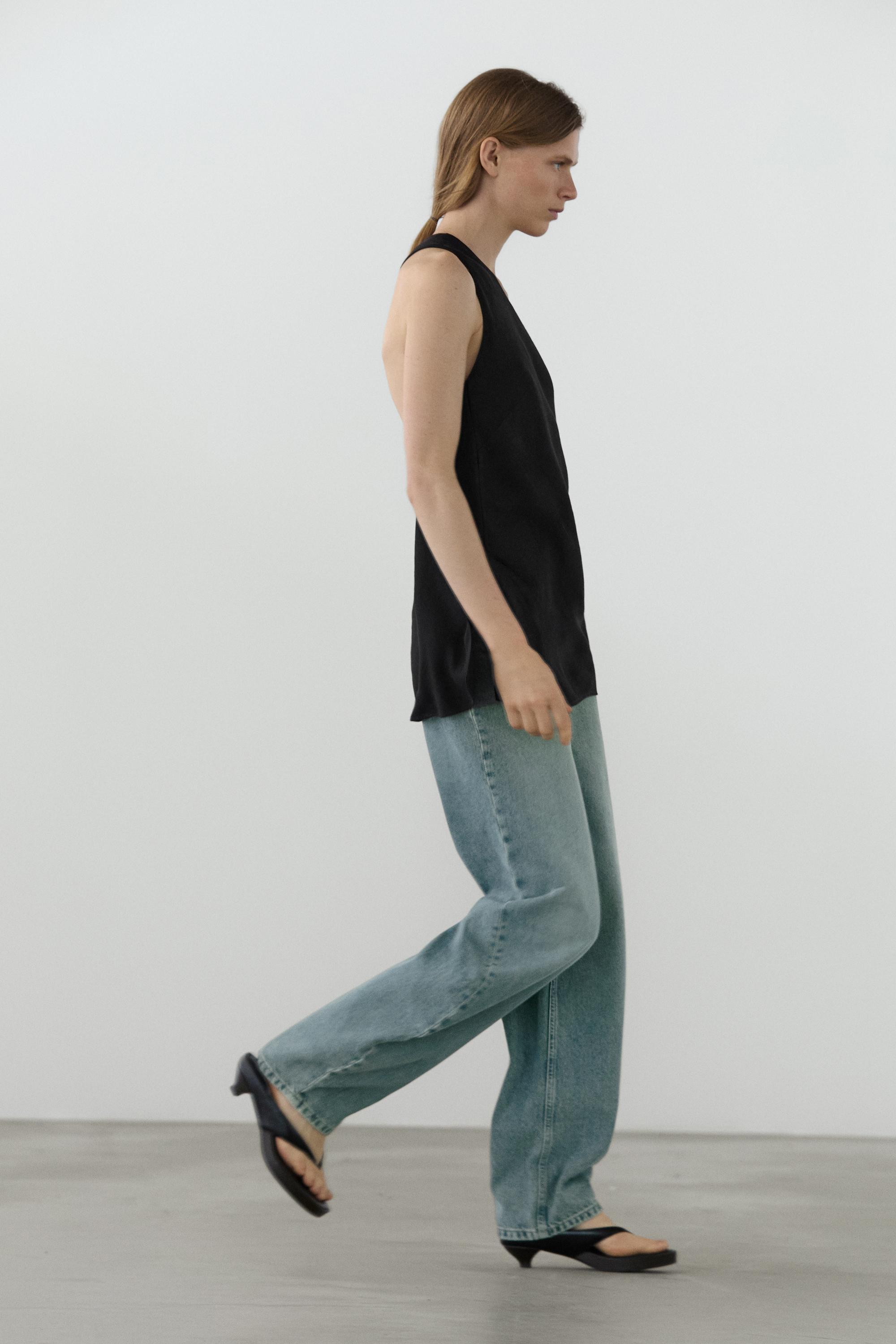 Asymmetric linen blend top with back detail — BLACK