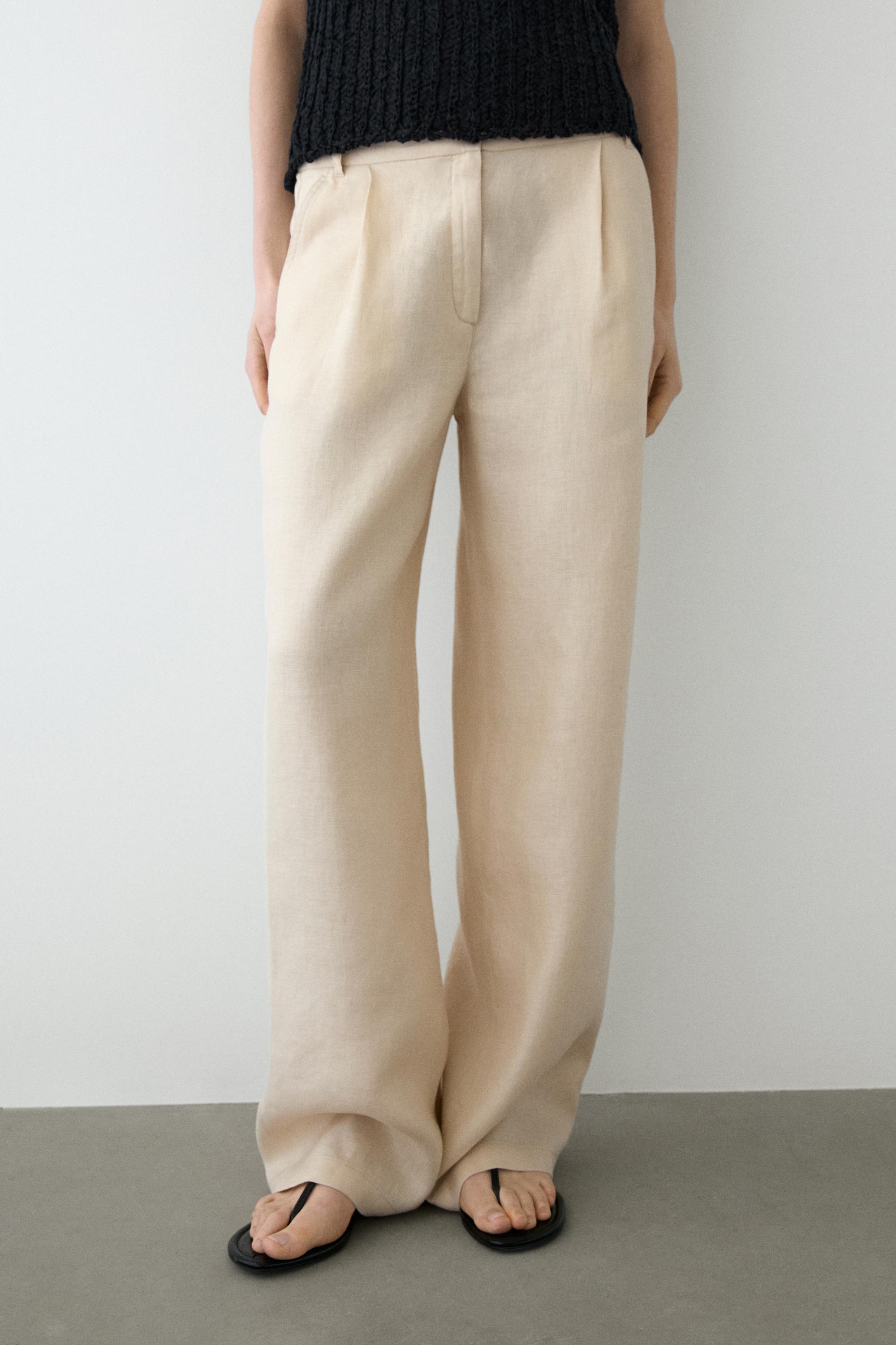 100% linen wide-leg elasticated trousers — SAND
