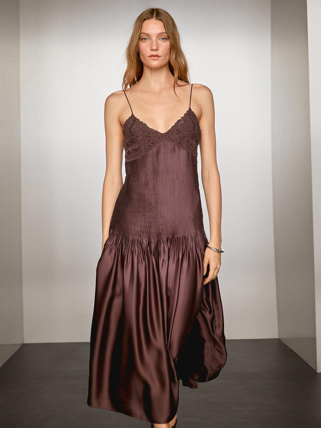 Flowing satin midi dress with straps