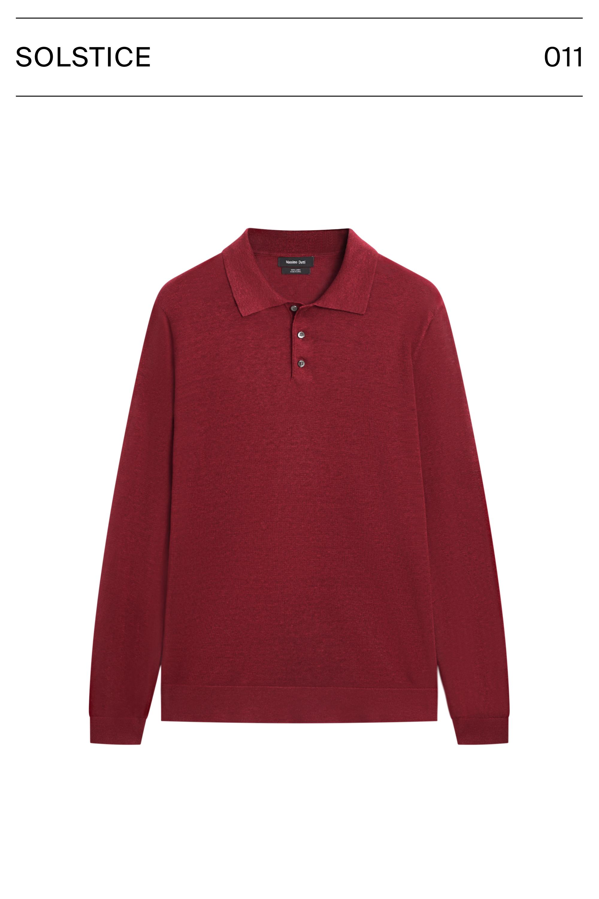 100% linen knit polo collar sweater — Wine Red