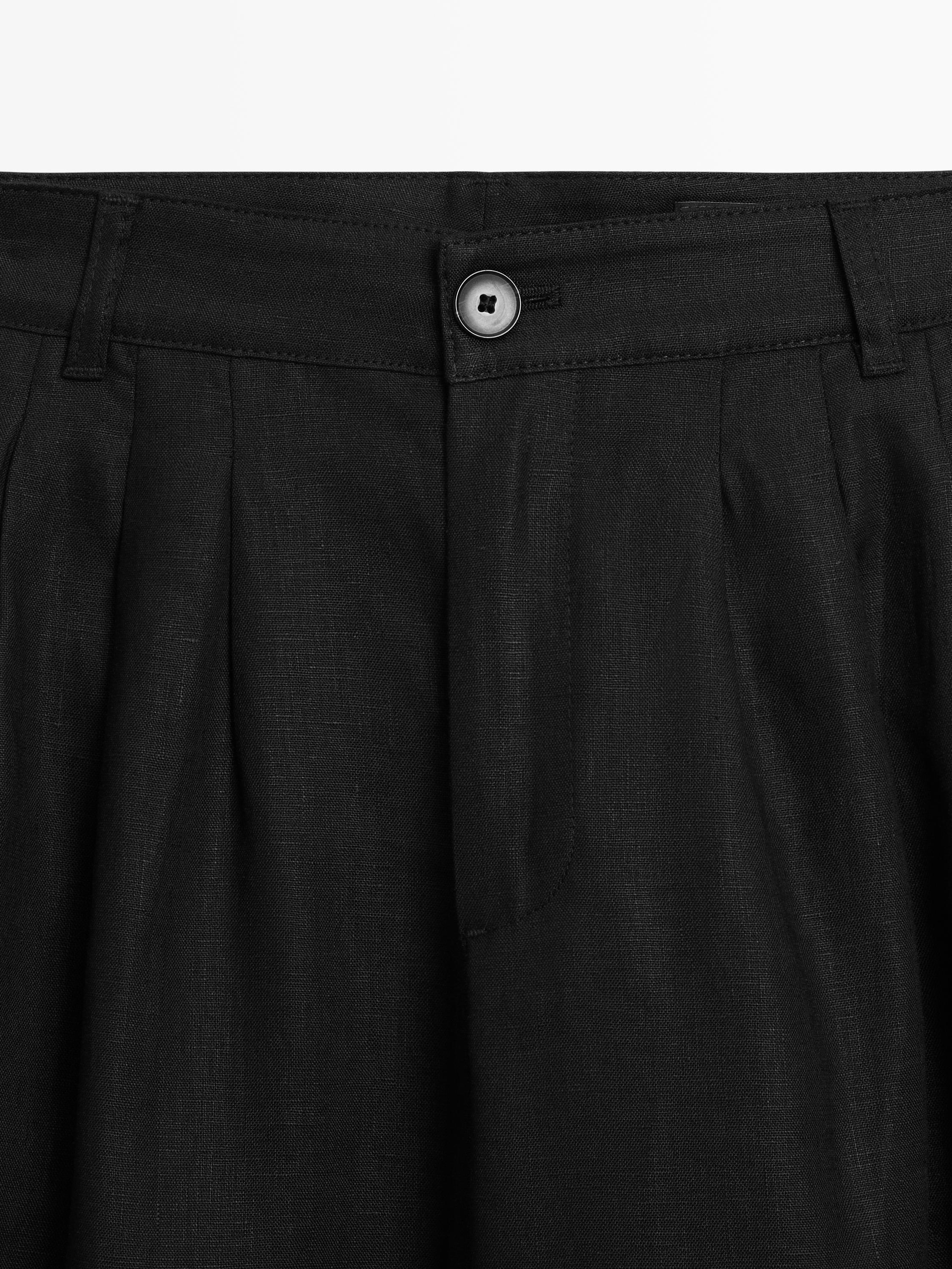Wide-leg pleated linen trousers — BLACK