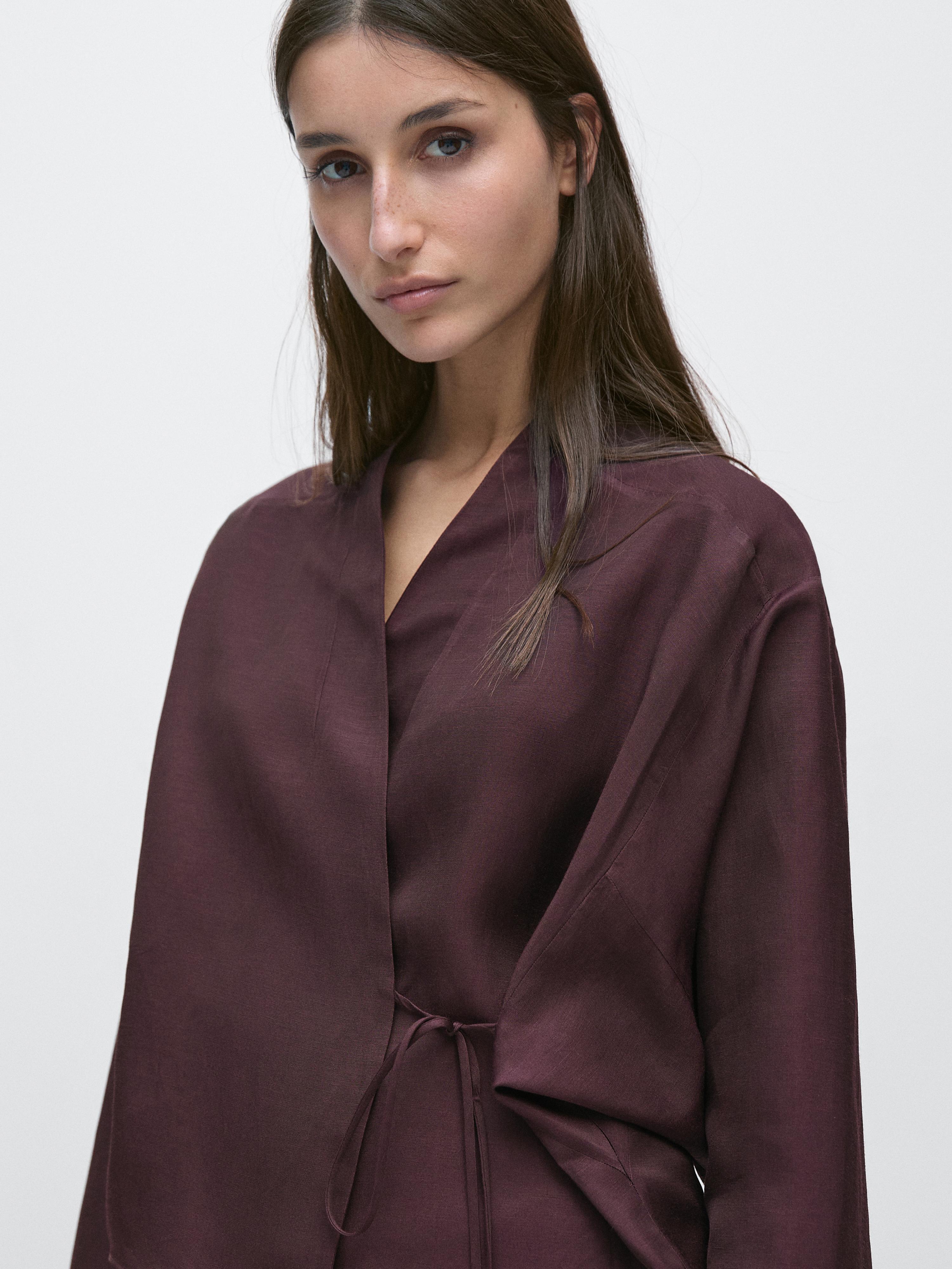 Linen blend shirt with bow detail — AUBERGINE