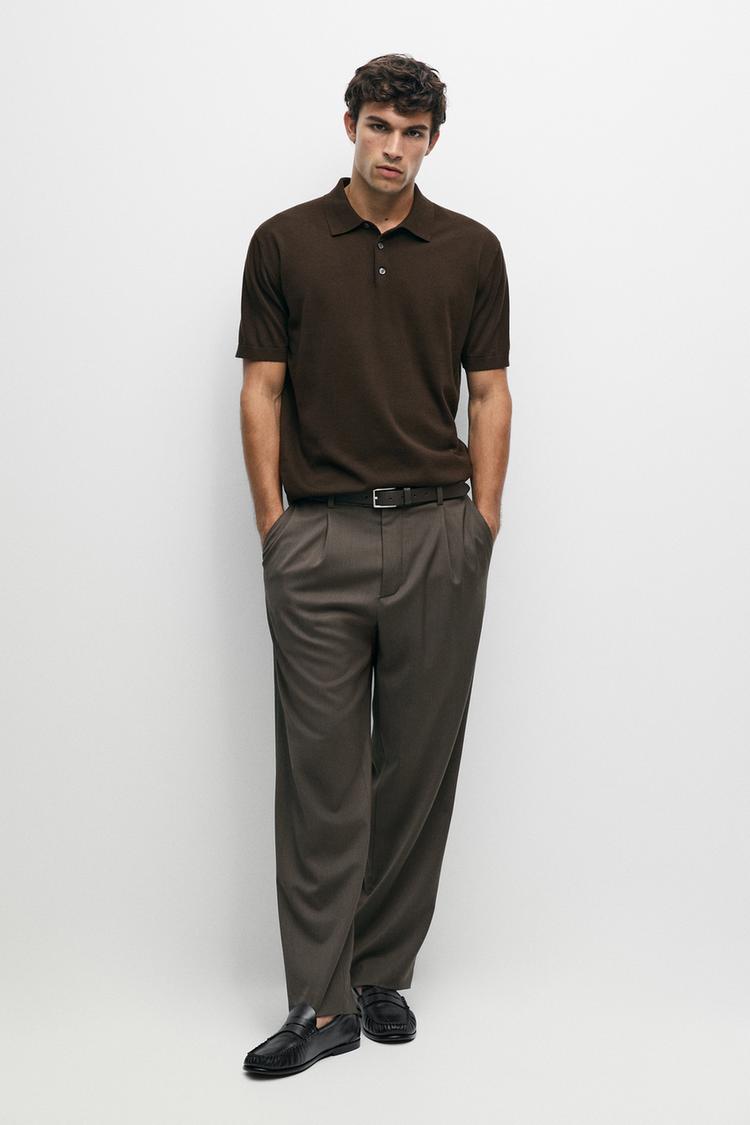 100% cotton knit polo sweater — BROWN MARL