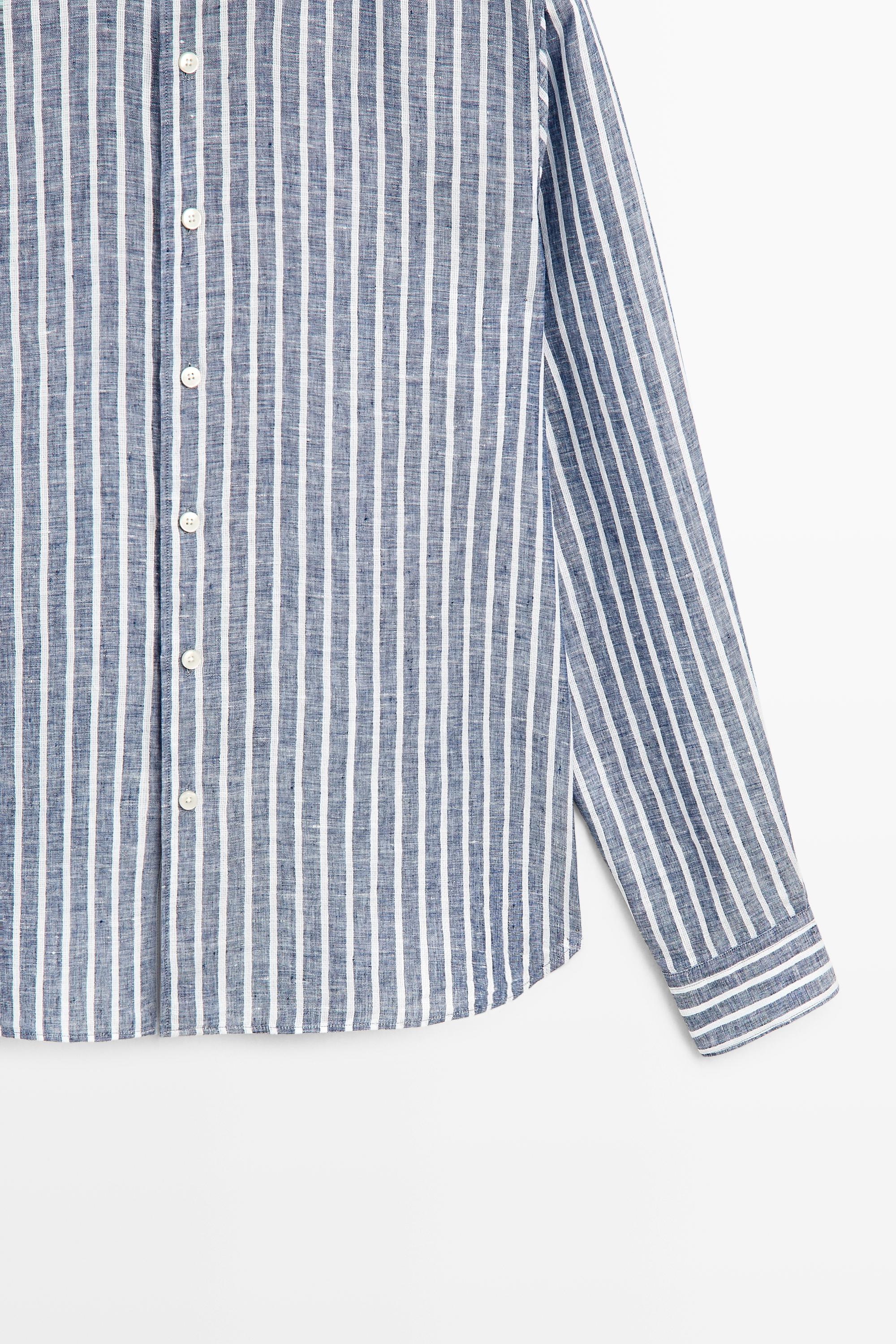 Regular fit striped 100% linen shirt — BLUE