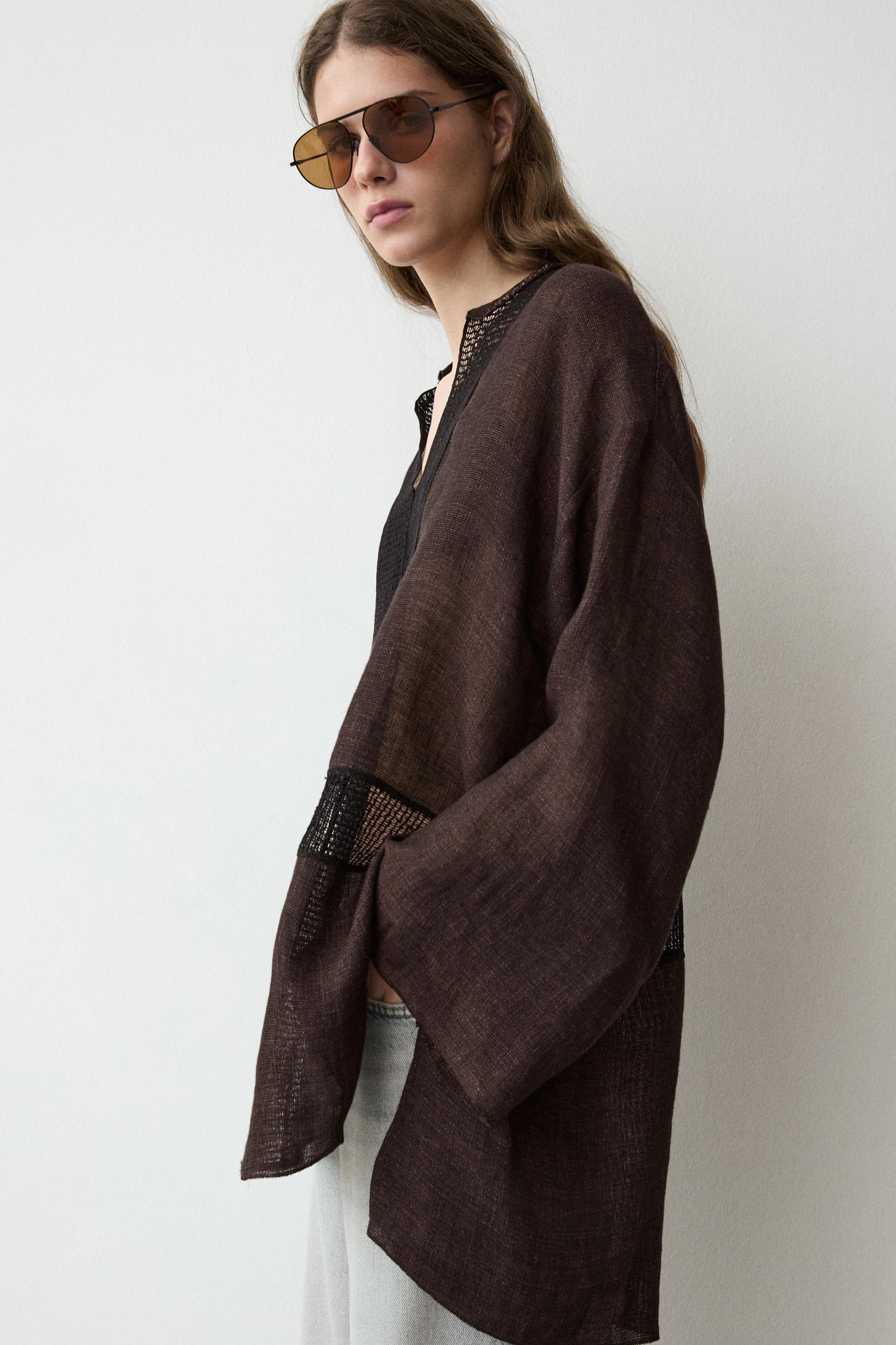 Flowing oversize linen blend blouse with lace trim — BROWN MARL