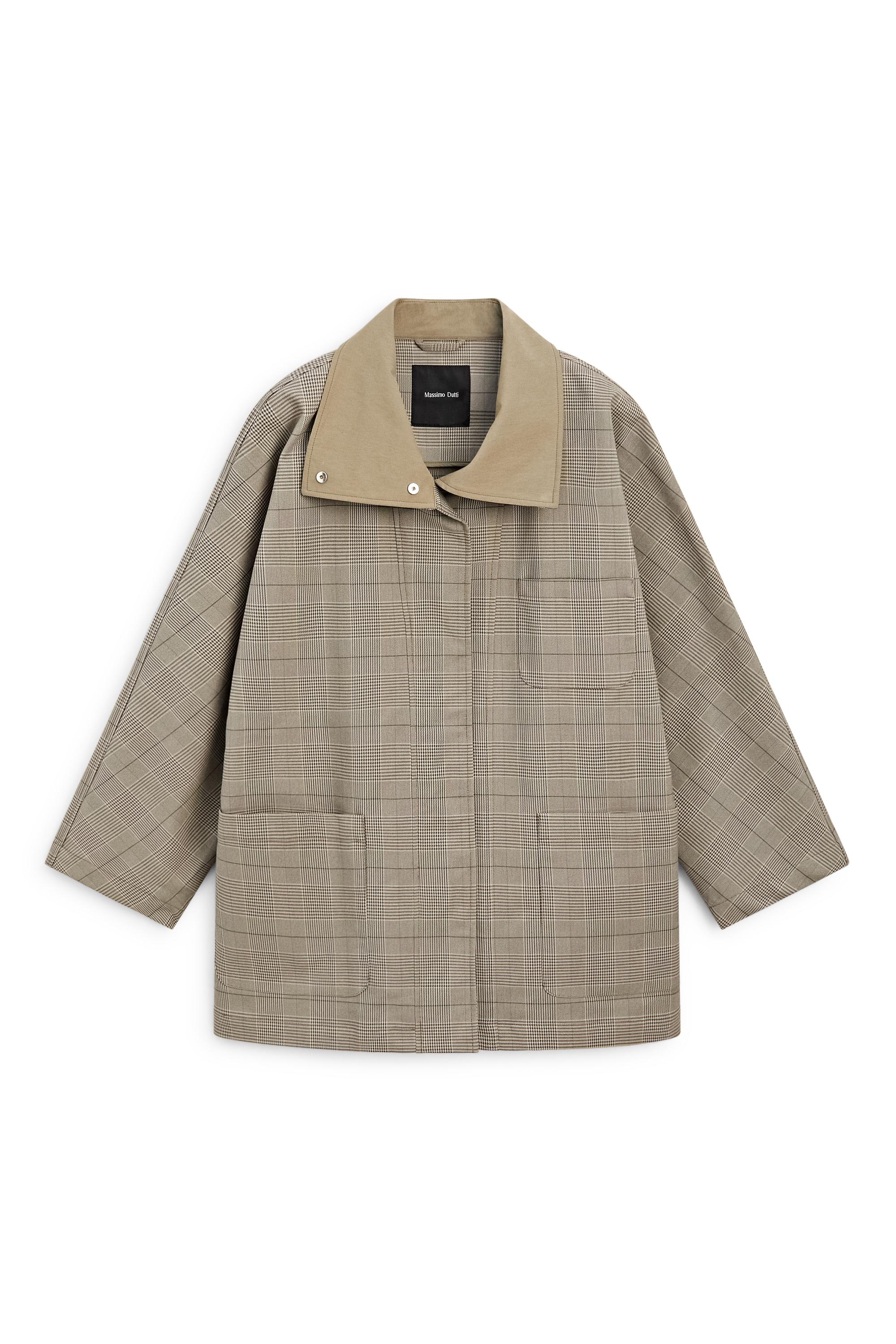 Cotton blend plaid high neck jacket — KHAKI