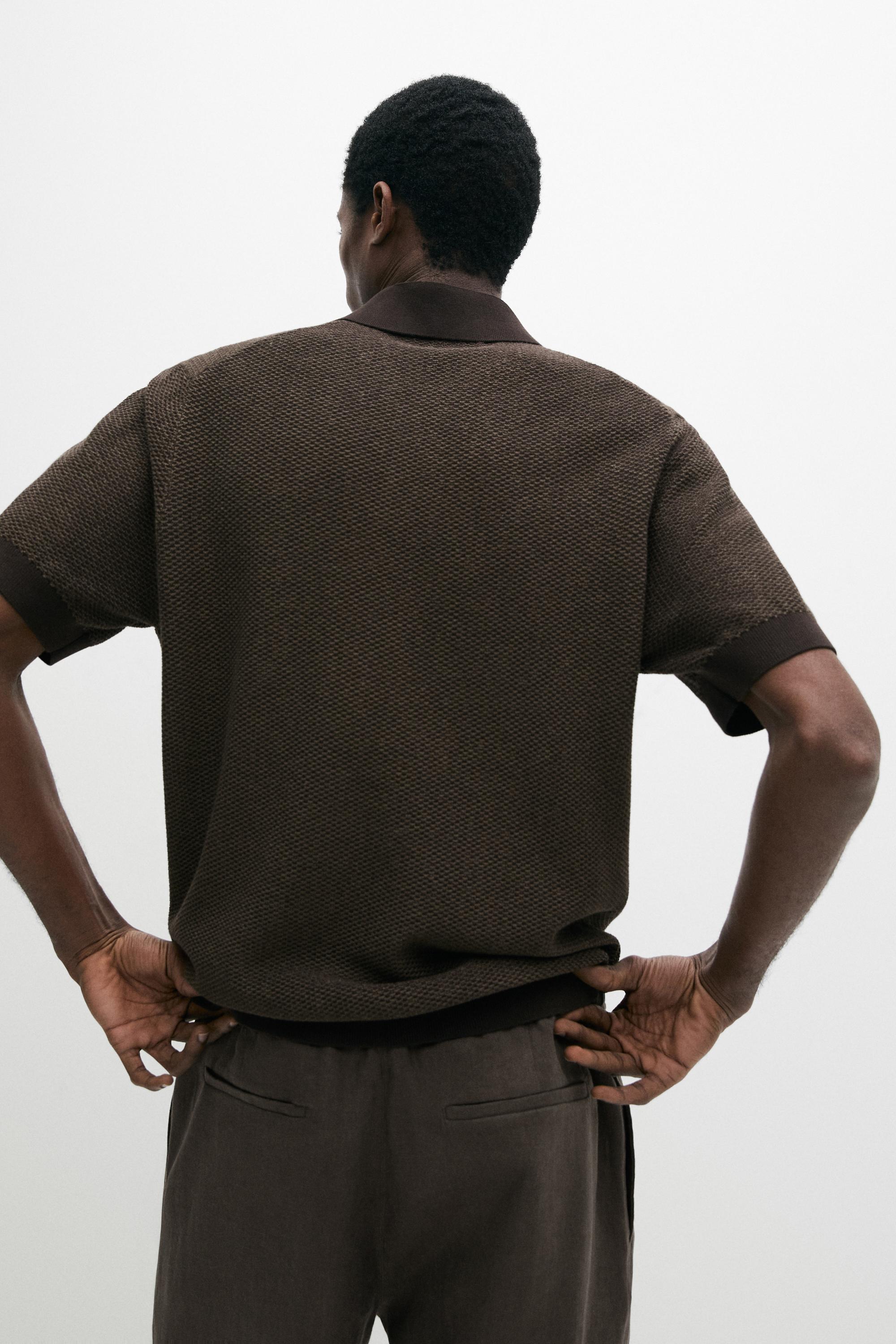 100% cotton textured knit polo sweater — BROWN MARL