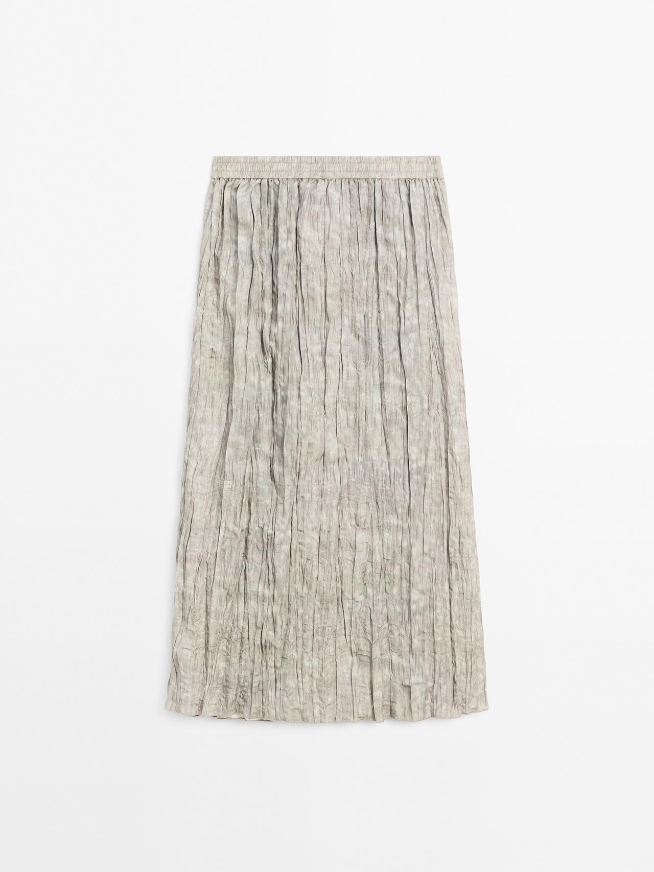 Massimo Dutti - Dame - Midinederdel Med Blødt Fald Og Stribet Detalje - Stenfarvet - M