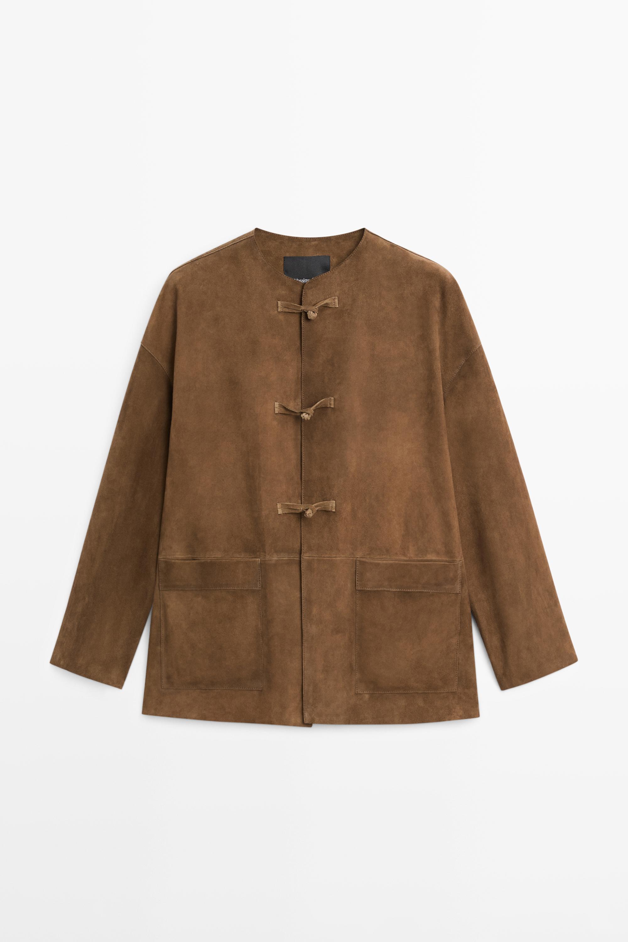 Veste à col officier en cuir finition daim