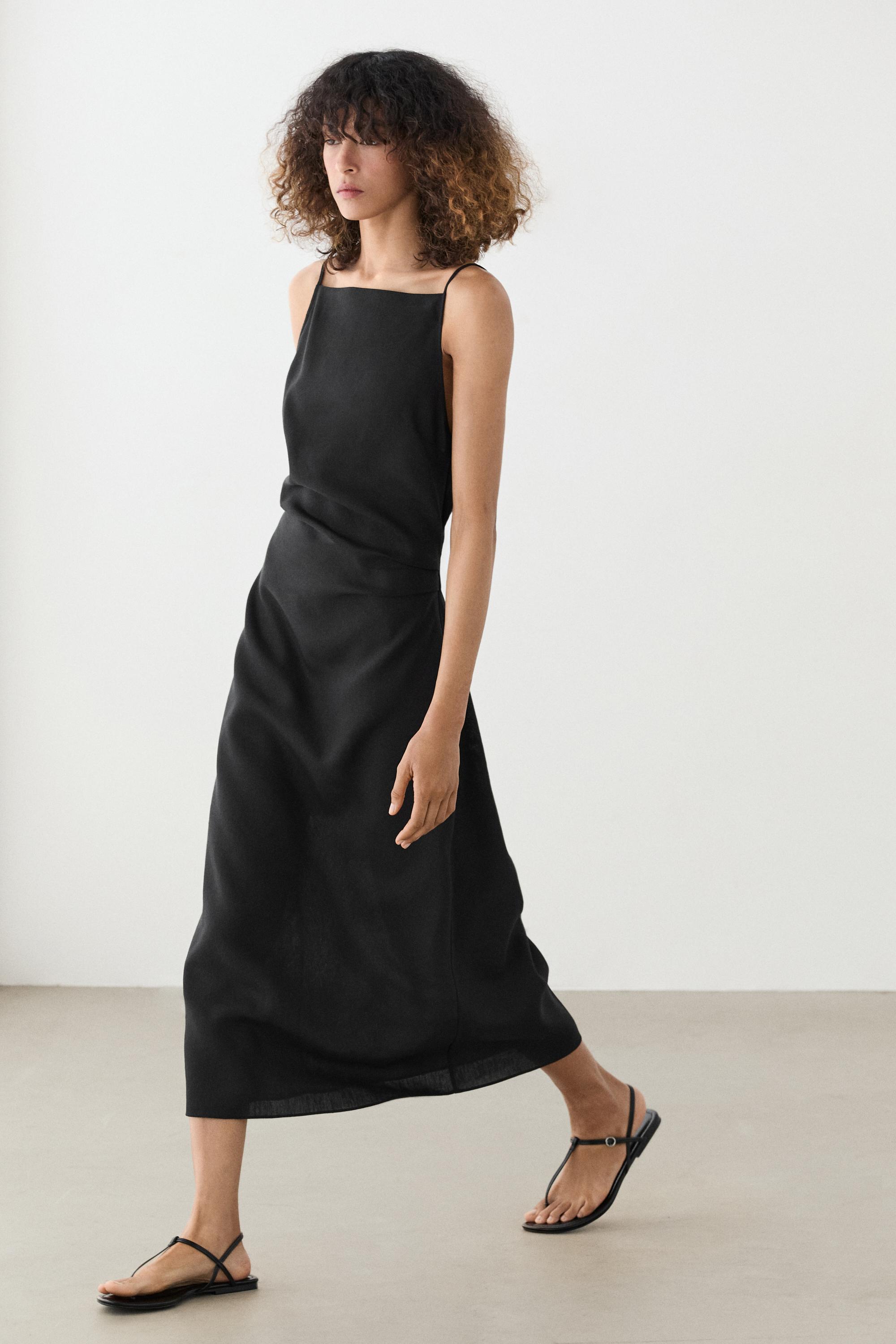Linen blend spaghetti strap midi dress — BLACK