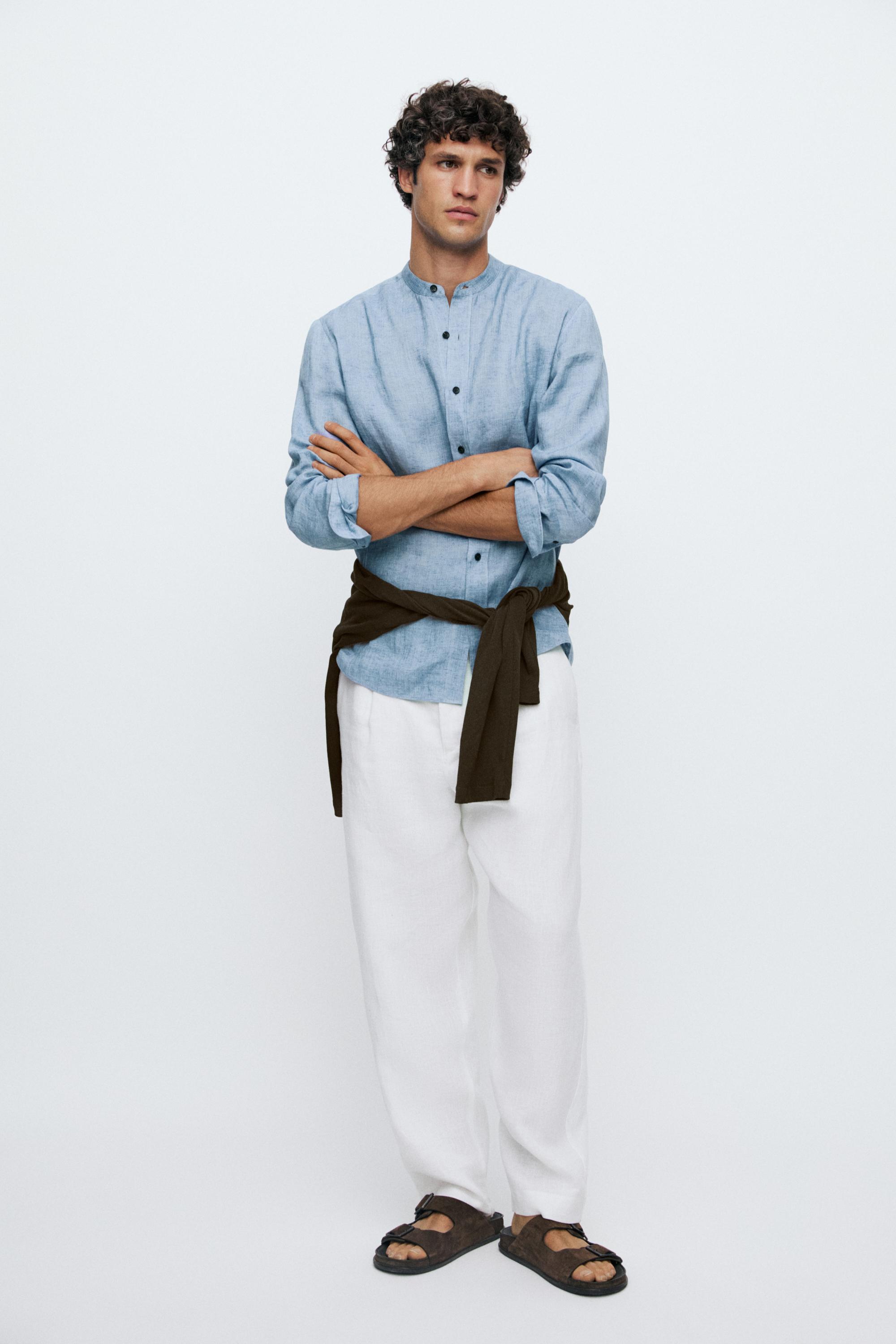 Regular fit contrast button 100% linen shirt — BLUE