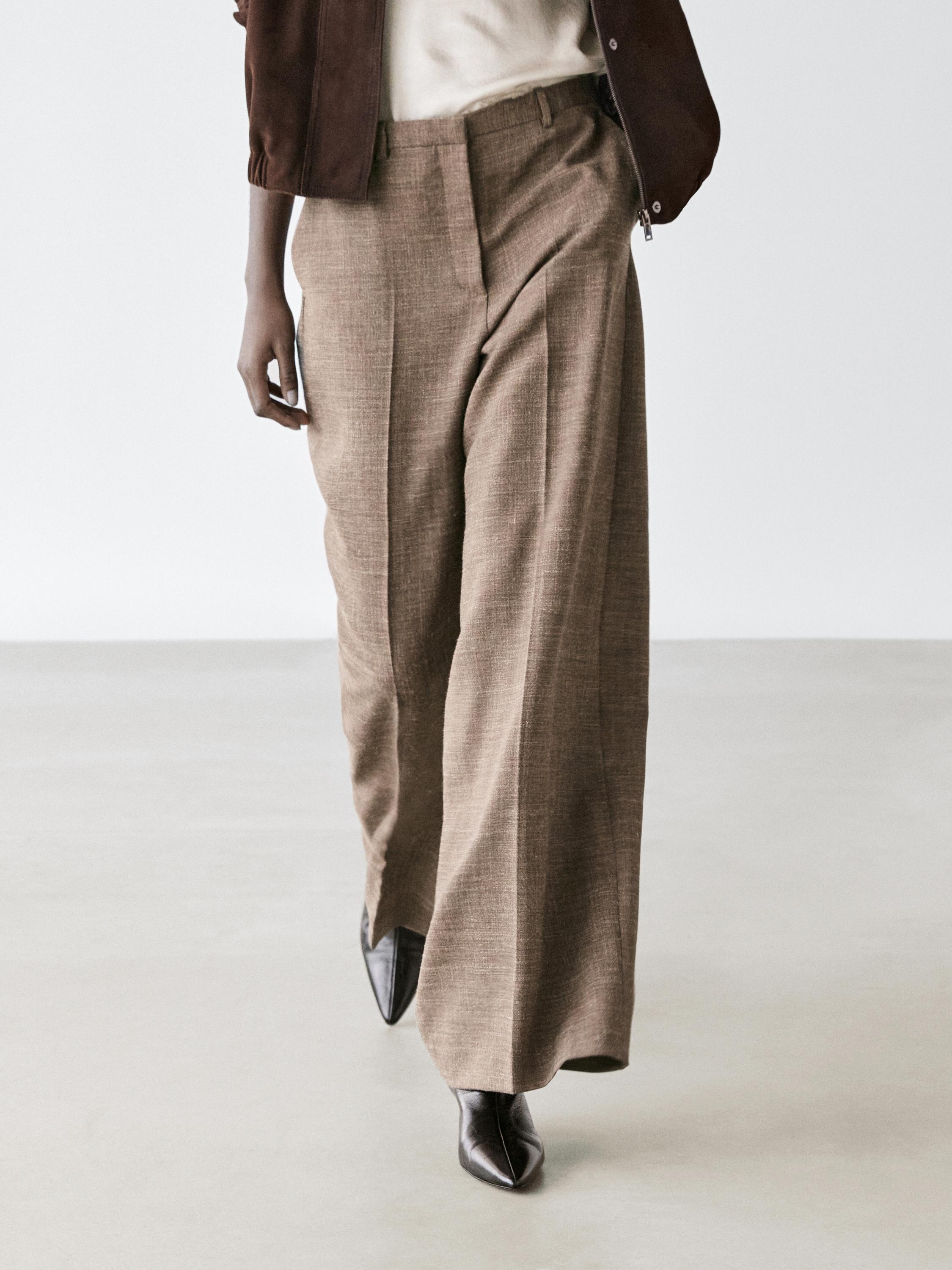 Wide-leg voluminous wool blend trousers — TAUPE GREY