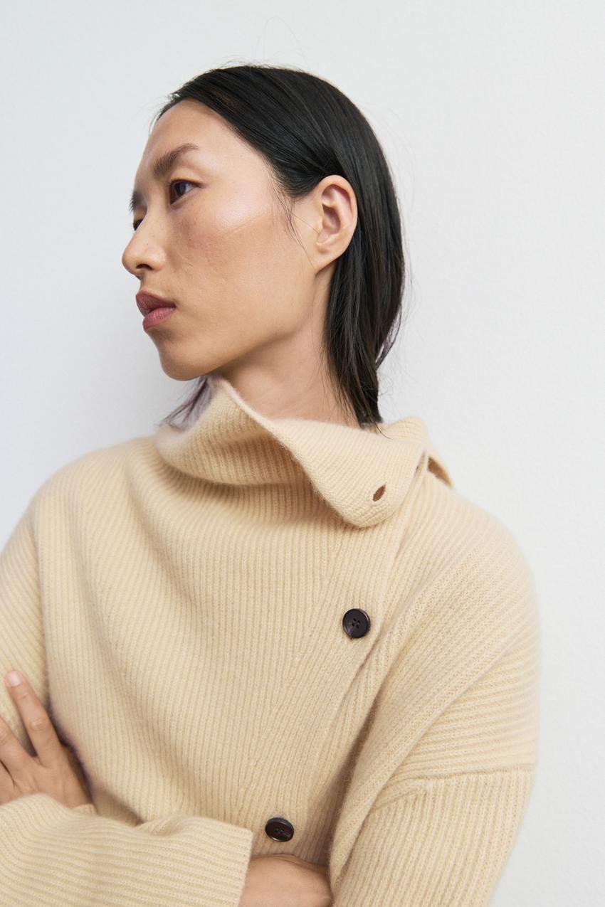 캐시미어 블렌드 버튼 디테일 가디건 · 바닐라, 블랙 · 탑 & 기타 아이템 | Massimo Dutti