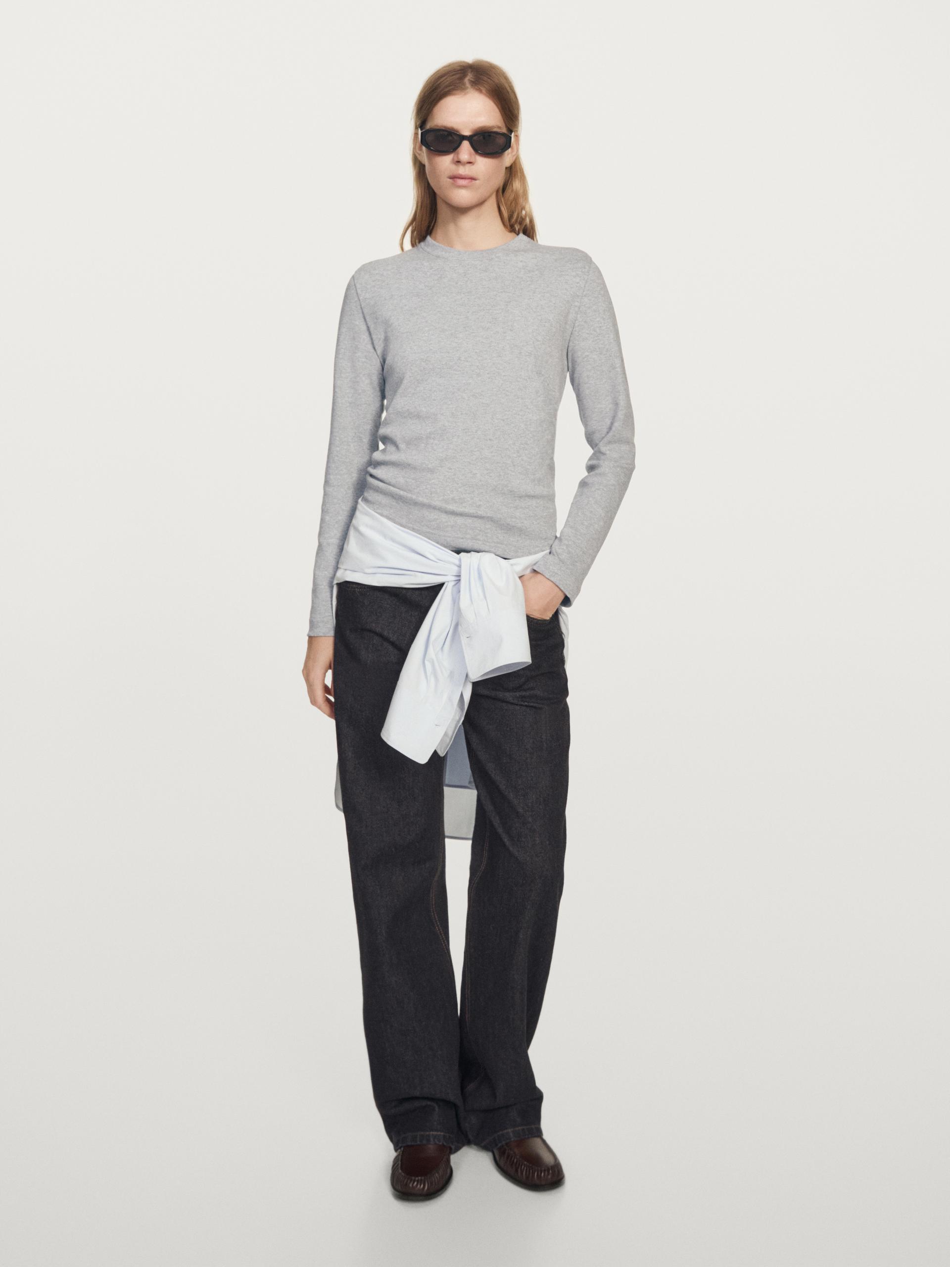 T-Shirt À Manches Longues 100 % Coton Interlock - Gris Moyen - M - Massimo Dutti - Femme