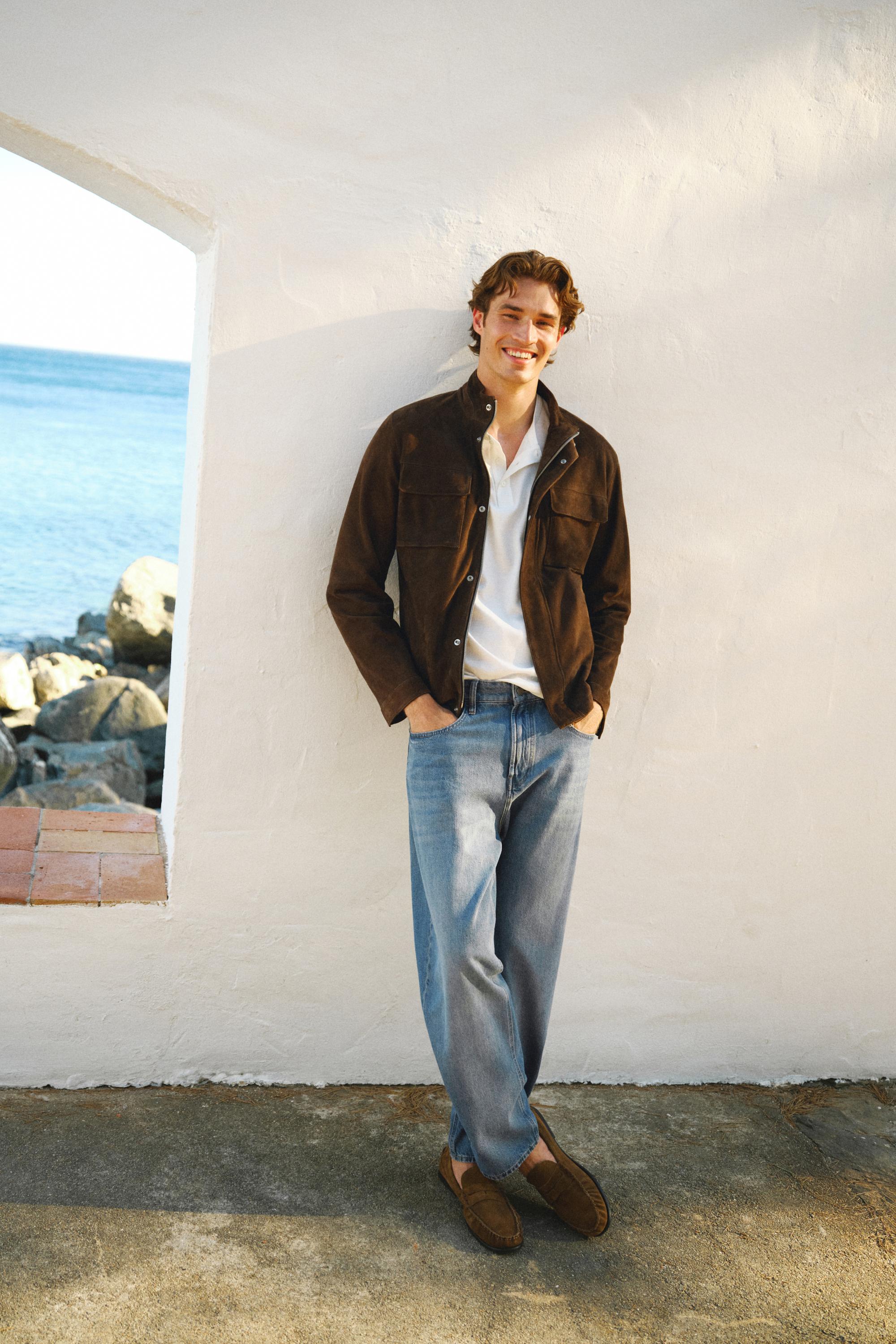 Suede jacket with pocket details — BROWN