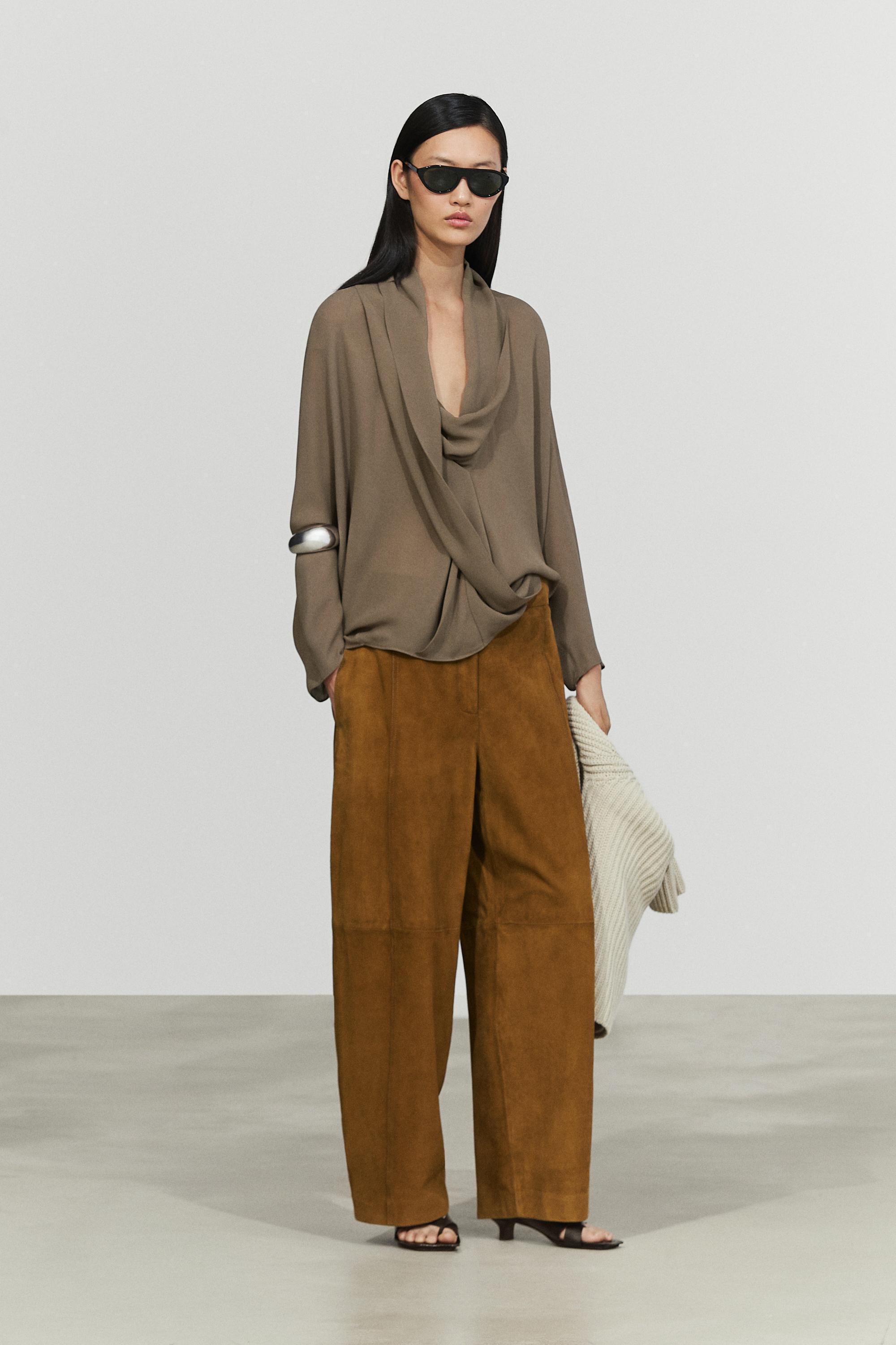Flowy surplice draped neckline shirt — DARK KHAKI