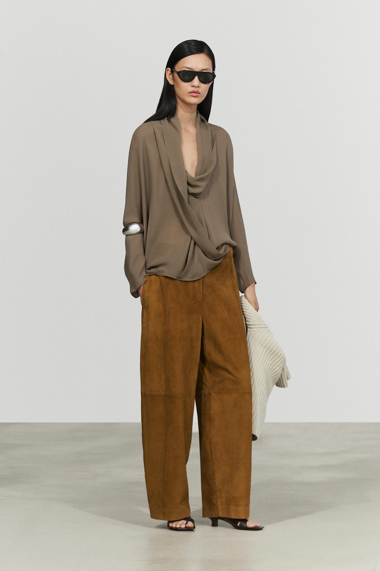 Flowing wrap blouse with draped neckline — DARK KHAKI