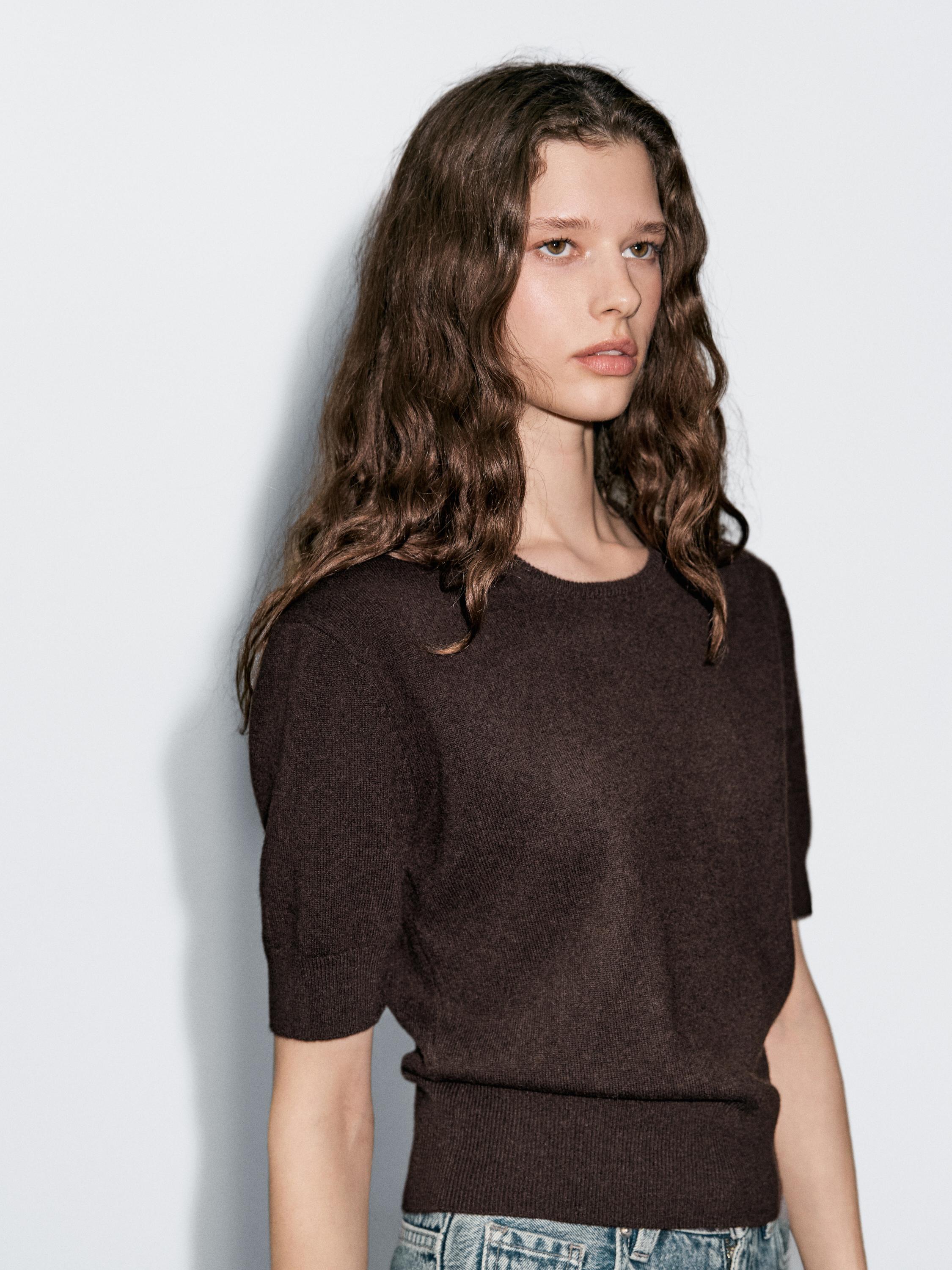 Short sleeve wool blend sweater
