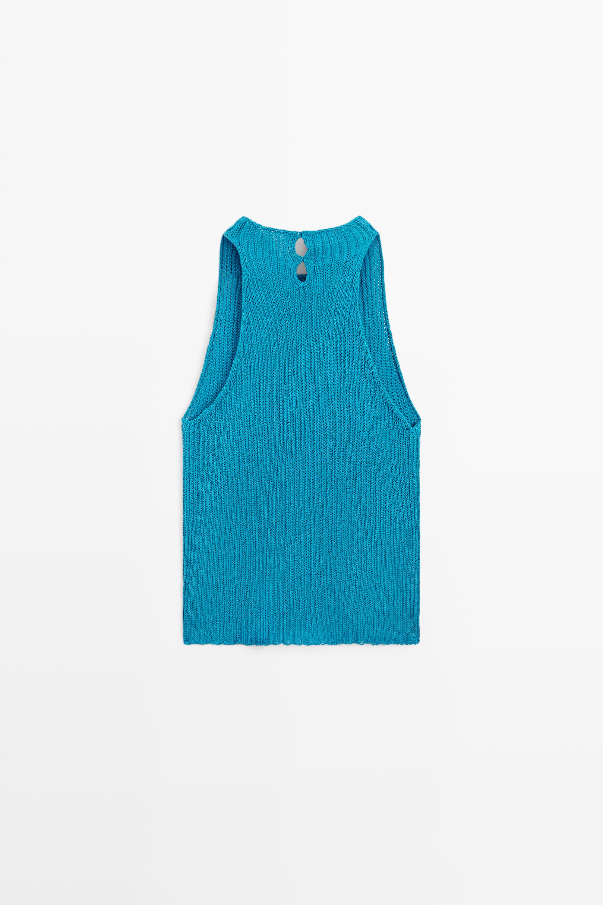 Linen blend knit button-detail top — TURQUOISE