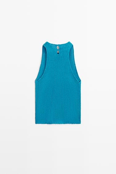 Linen blend knit button-detail top — TURQUOISE 6