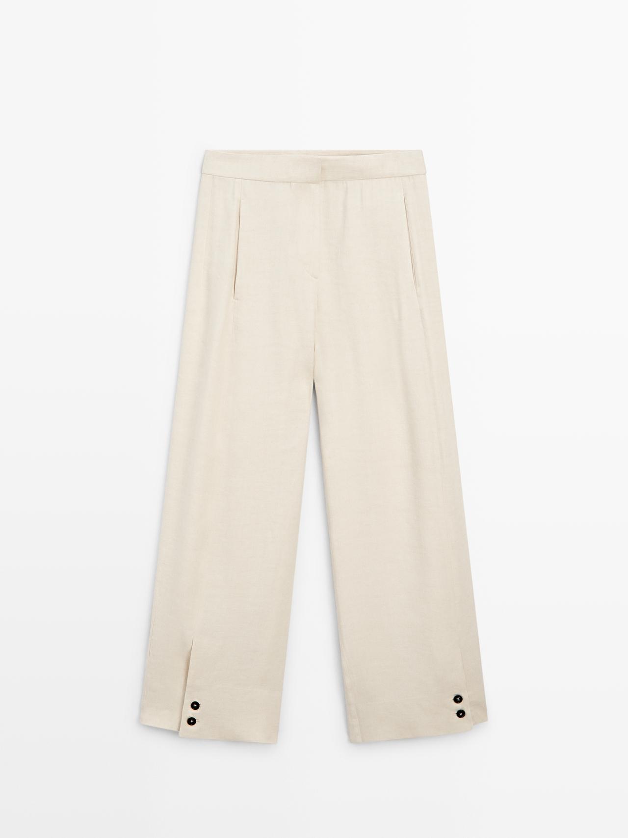 Massimo Dutti - Dames - Kostuumpantalon Met Knoopdetail En Linnen - Ecru - 40