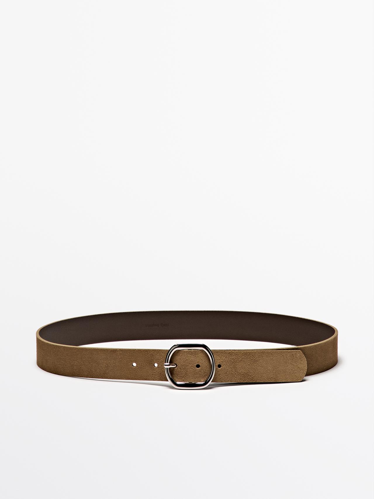 Massimo Dutti - Dame - Bælte I Spaltlæder Med Ovalt Spænde - Sand - M / 85cm