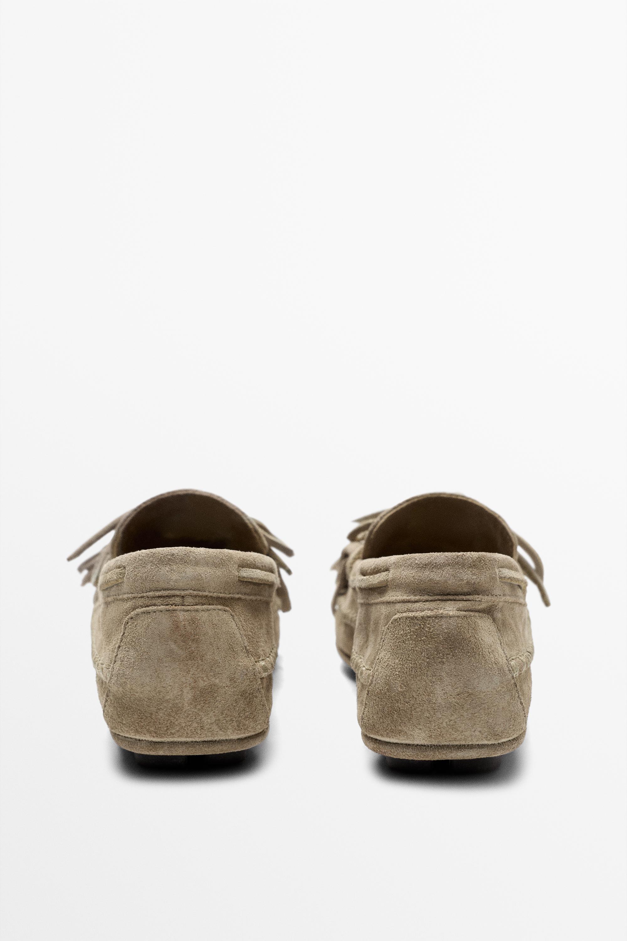 Leather loafers with fringing and tassels — BEIGE