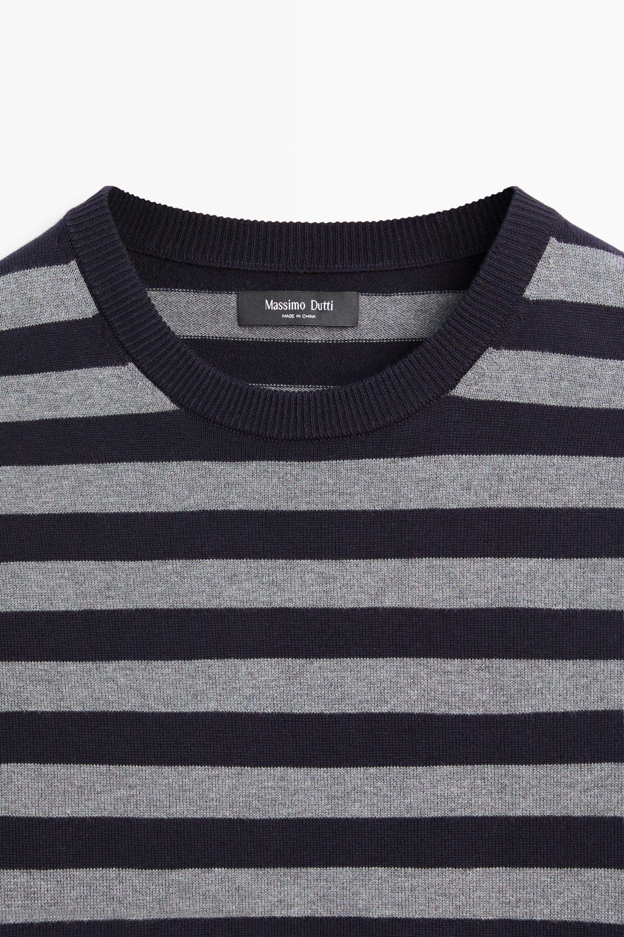 Cotton blend striped knit sweater — NAVY BLUE