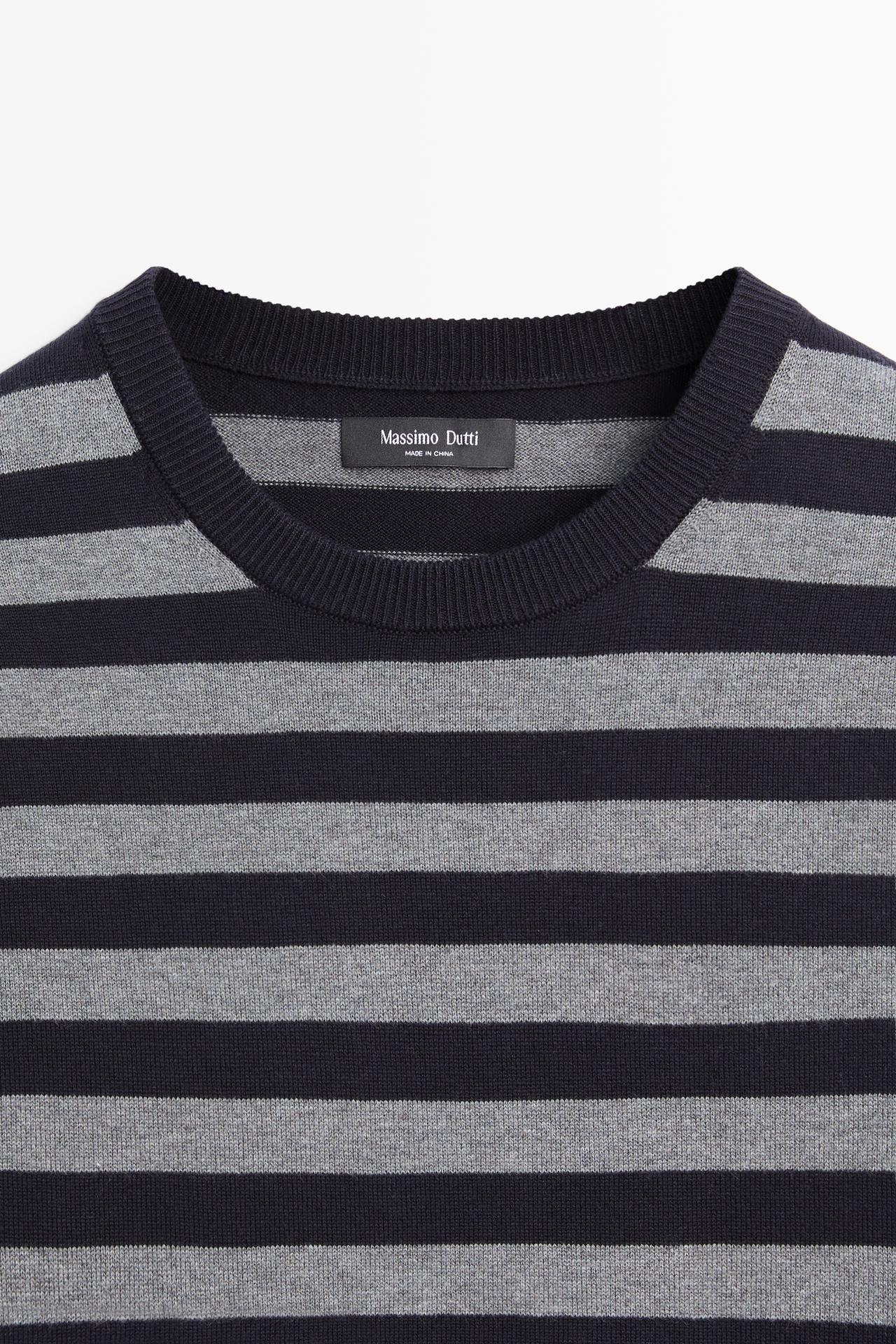 Cotton blend striped knit sweater — NAVY BLUE