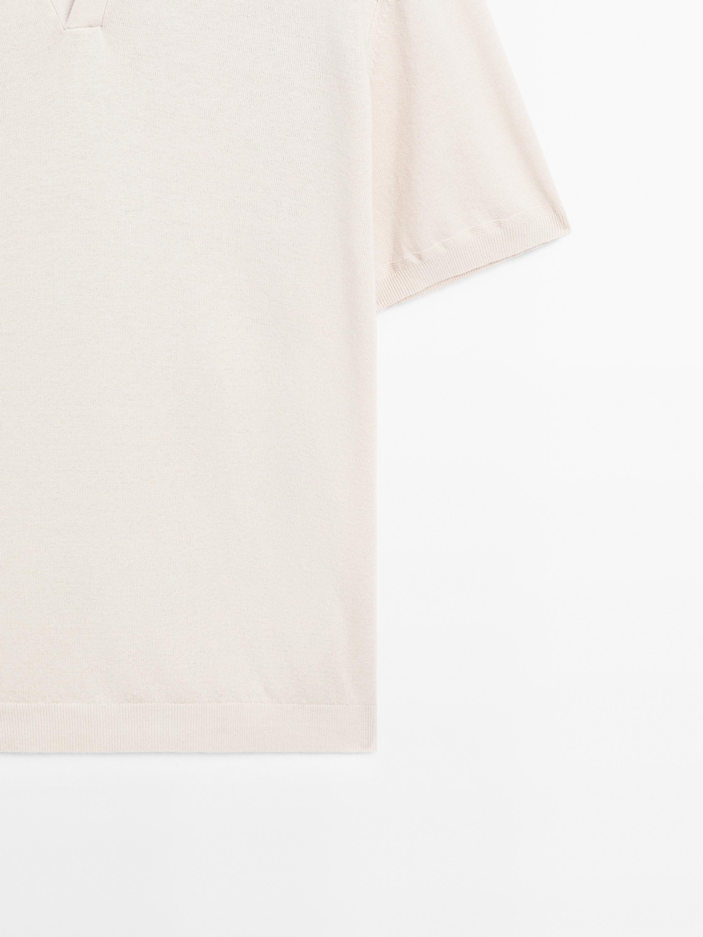 Linen blend knit V-neck polo shirt