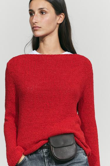 Cotton blend knit boat neck sweater — RED 5