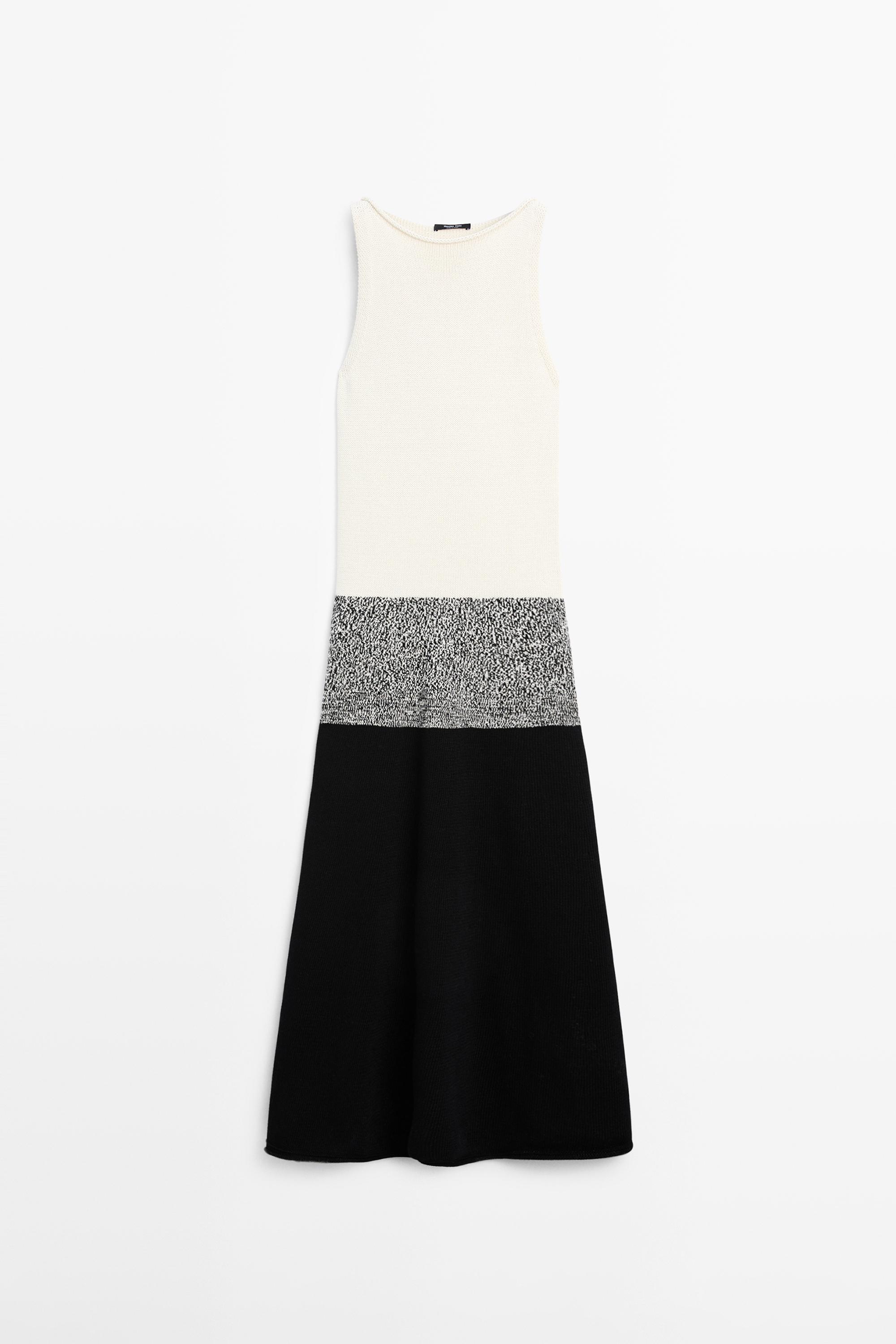 100% cotton contrast knit midi dress — BLACK