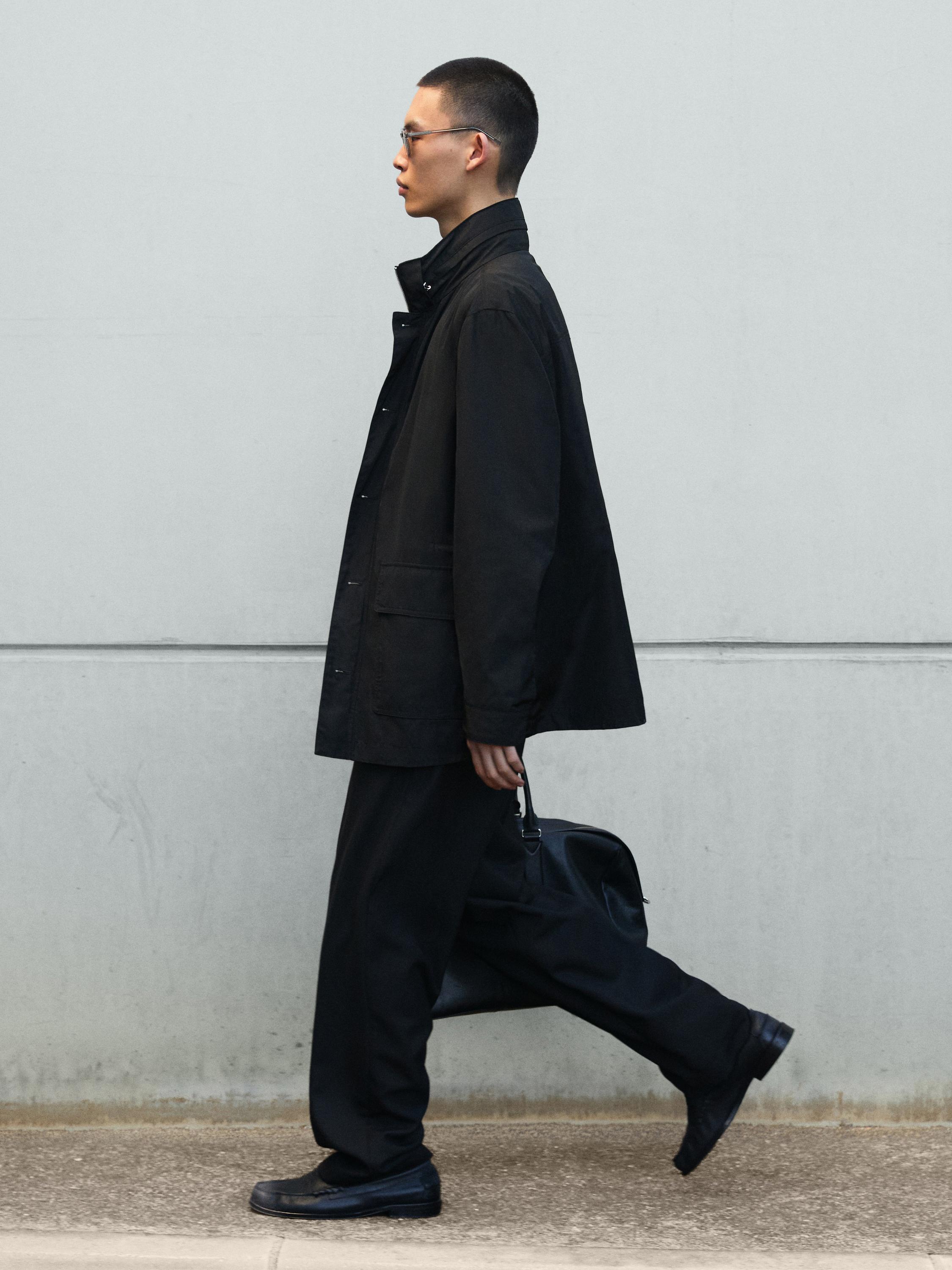 Hooded parka with fabric detail — BLACK