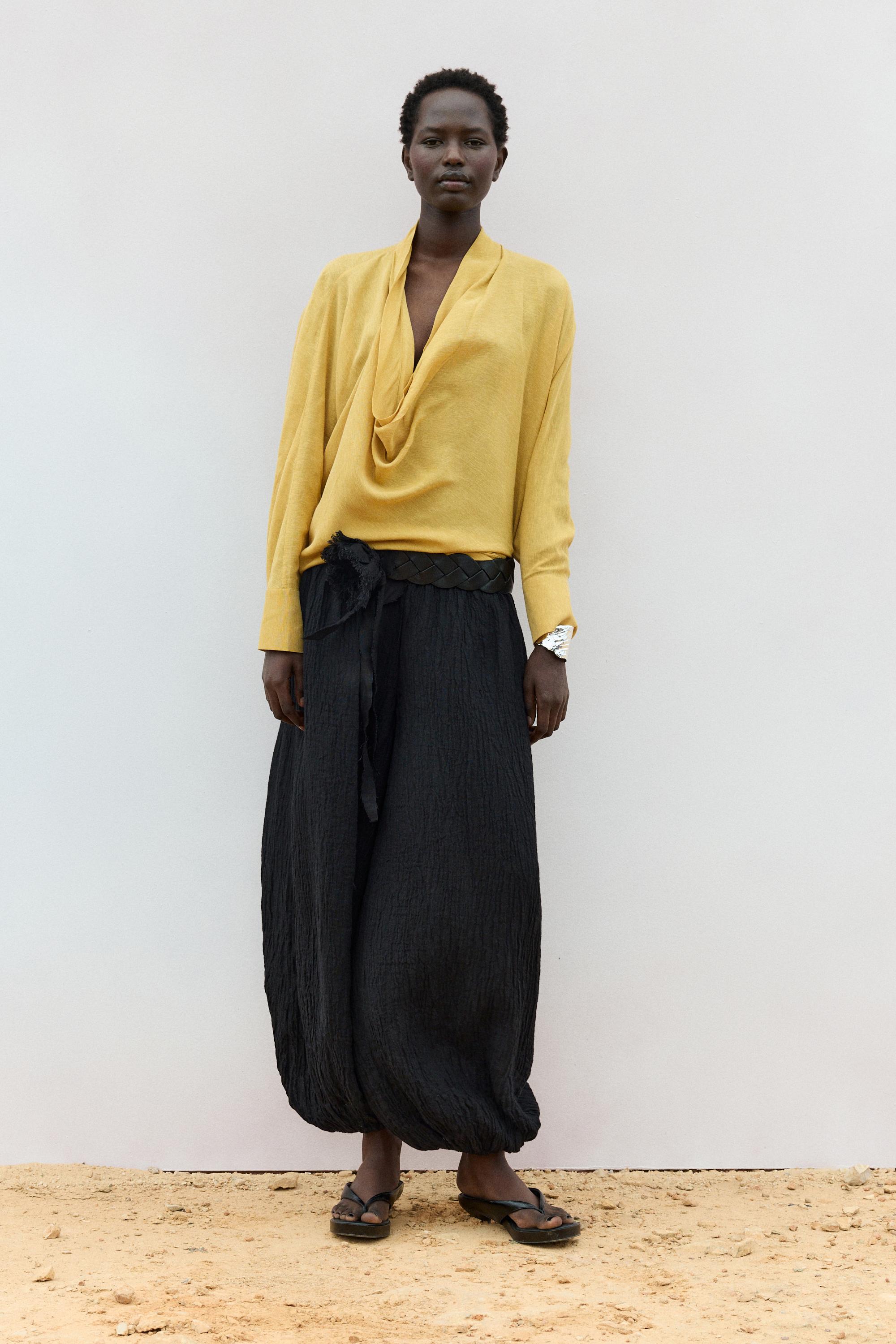 Flowing blouse with draped neckline — MUSTARD YELLOW