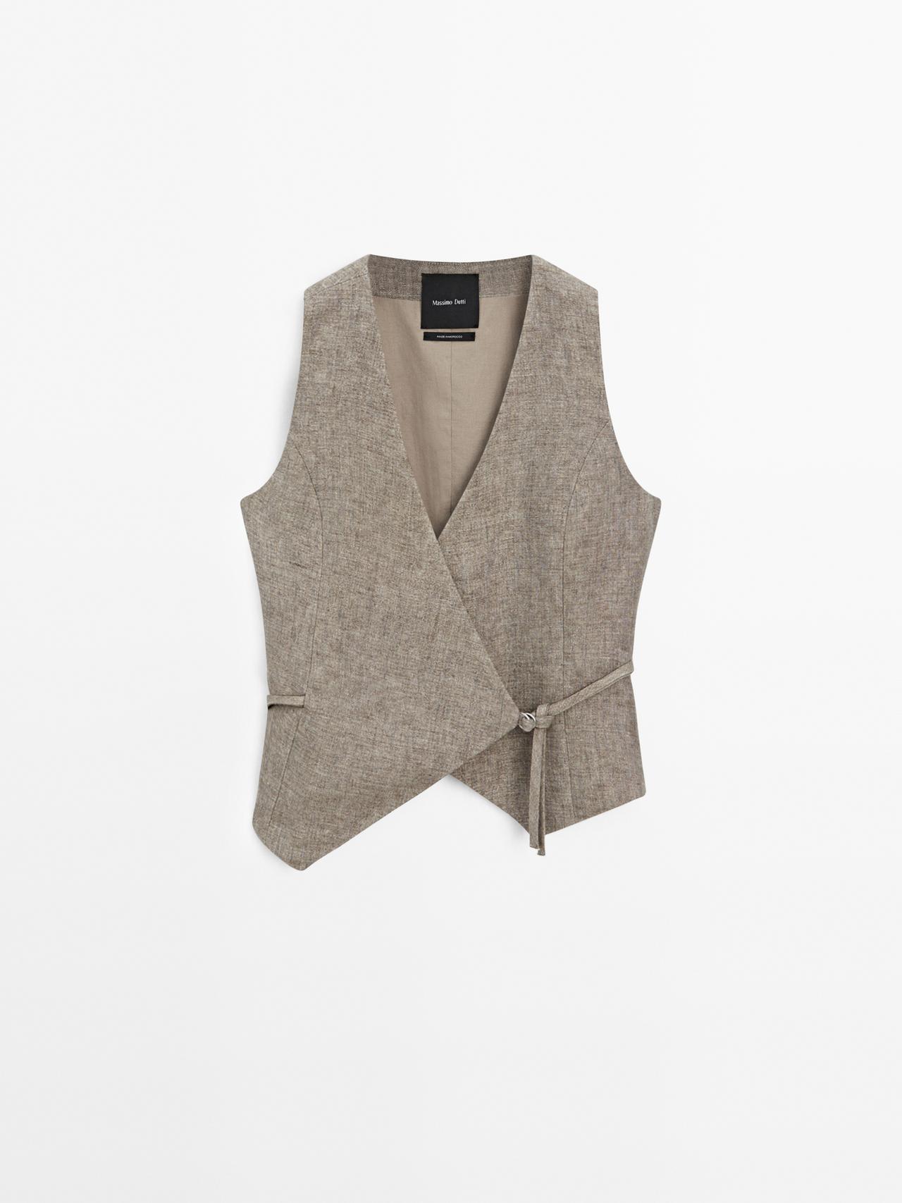 Massimo Dutti - Dame - Kort, Dobbeltradet Vest I 100 % Hør - Beige - Xs