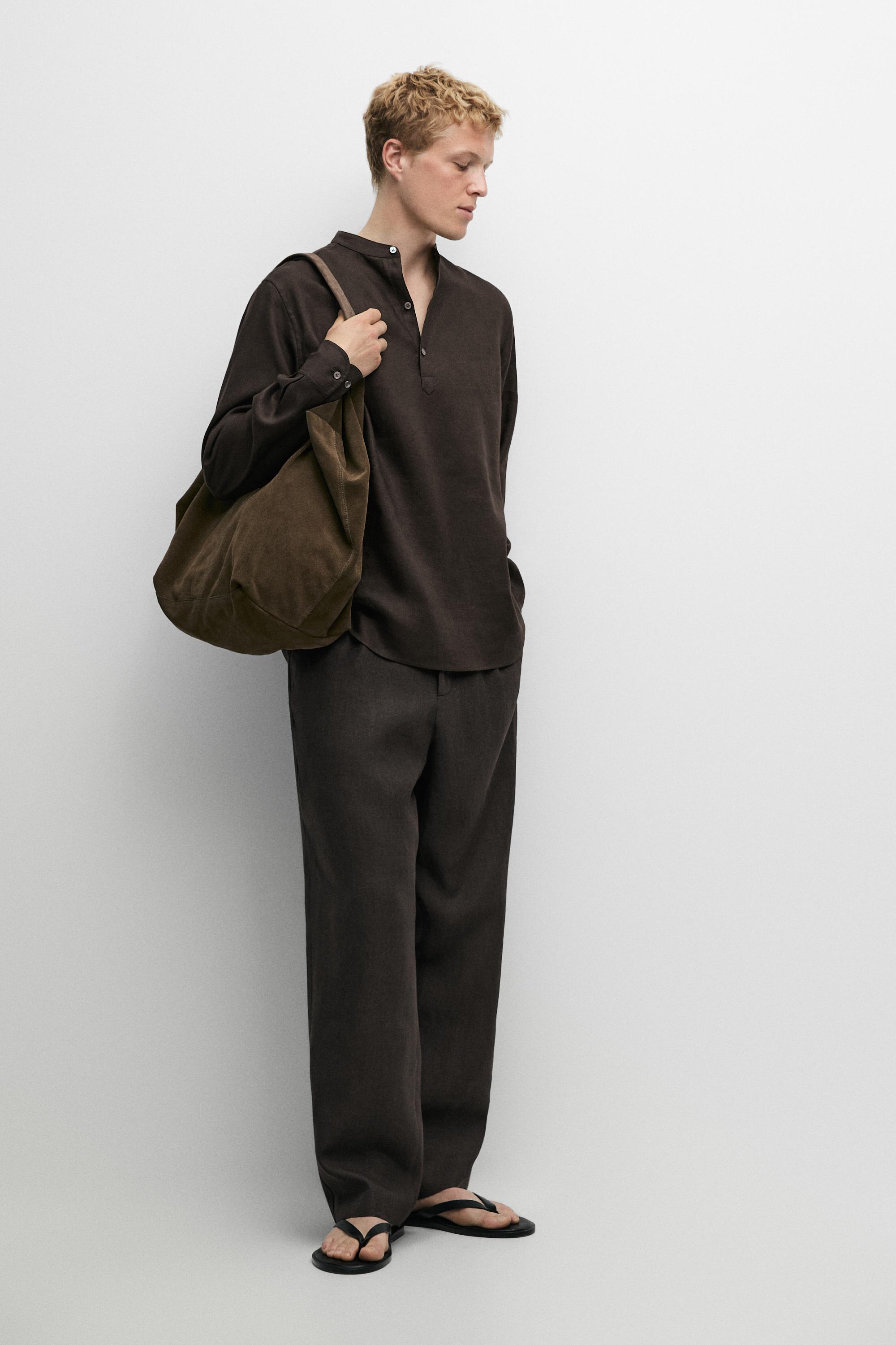 Regular fit stand collar 100% linen shirt — Chocolate